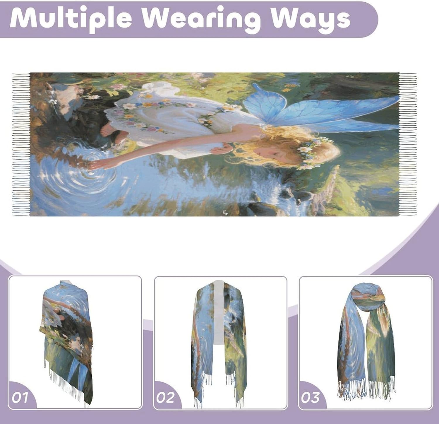 Stream Water Flower Fairy Scarf for Women Men Classic Fashion Blanket Scarves Soft Cashmere Feel Scarf Cold Weather Warm Long Shawl Winter Large Scarves Classic Blanket Scarfs Thick