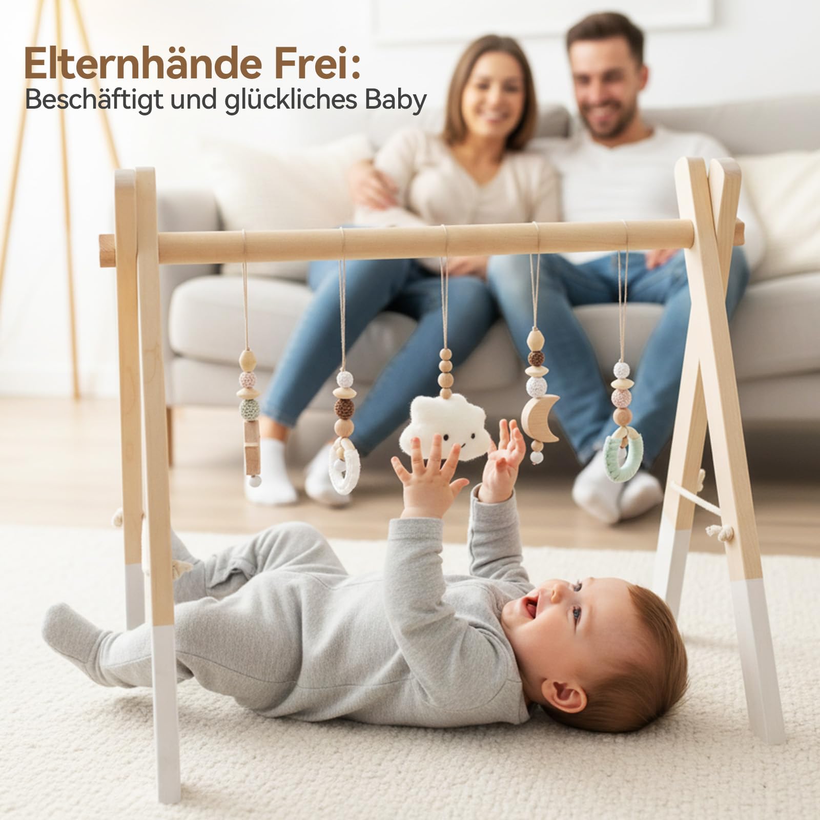 let's make Spielbogen Baby Holz- Montessori Spielbogen mit 5 abnehmbaren Sensorischen Spielzeugen, Faltbar Baby Gym Activity Center, Neugeborenes Geschenk für 0-18 Monate (Style B)