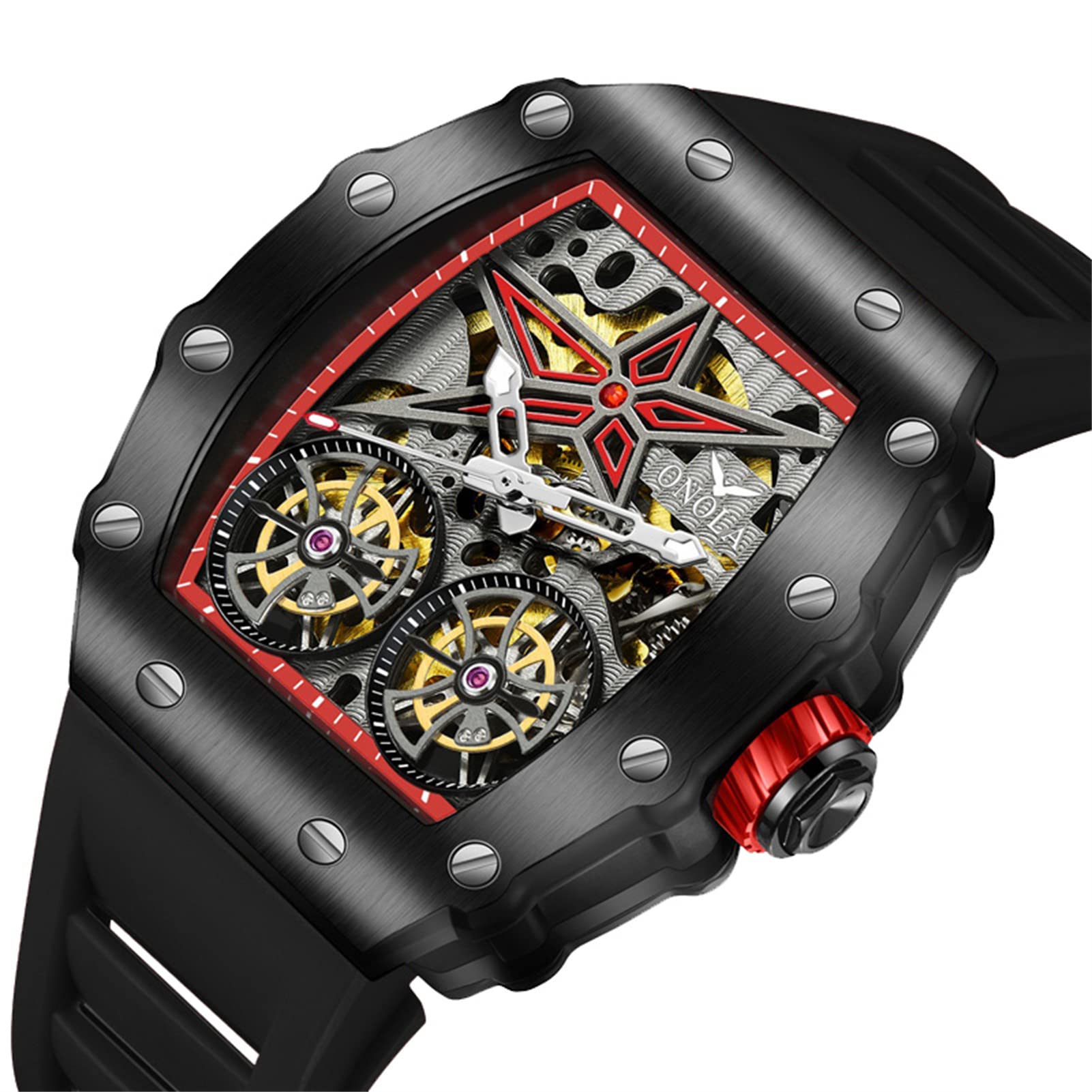 FORSINING Orologio da uomo Tonneau, a forma di scheletro, meccanico, automatico, quadrante grande, alla moda, da lavoro, con cinturino in silicone