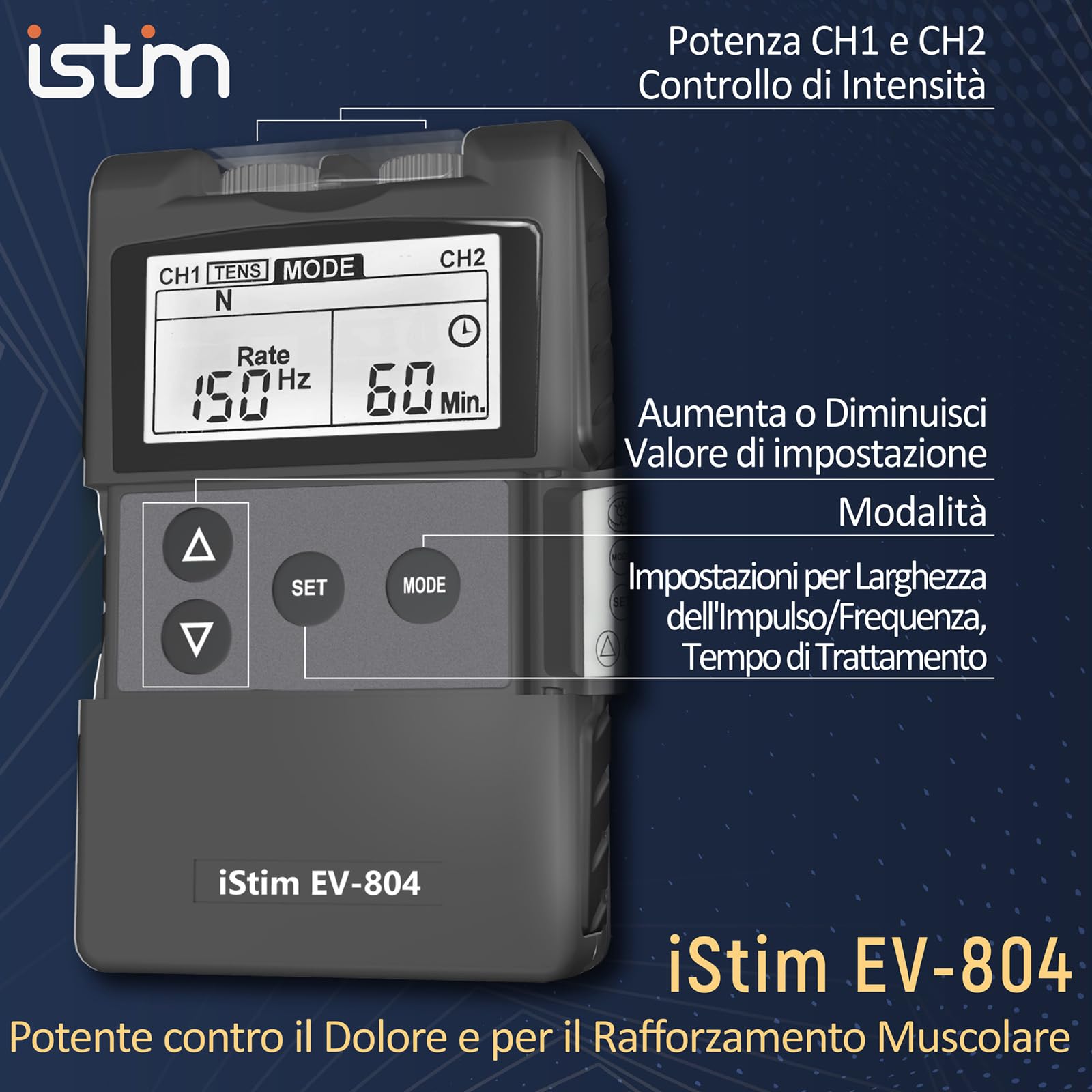 iSTIM EV-804 TENS/EMS Unità combinata a 2 canali - Stimolatore muscolare per sollievo dal mal di schiena, gestione del dolore e rafforzamento muscolare - 7 modalità, 24 programmi (8 elettrodi inclusi)