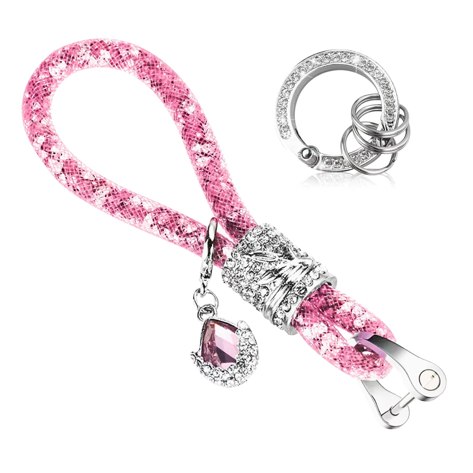 Kewucn Bling Car Keychain, Glitter Crystal Keychain Ring Strap with D-Ring, Vehicle Key Decor Accessories for Women and Girls (Pink)