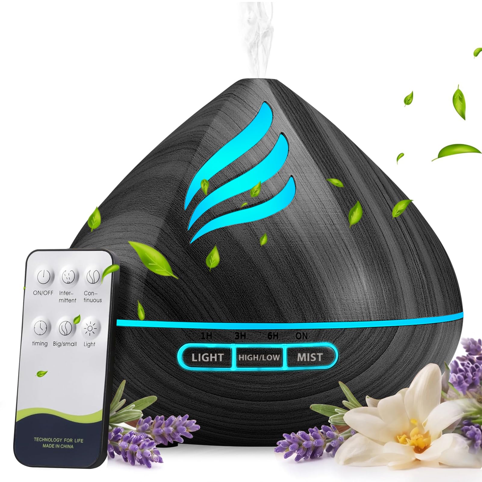 500ML Essential Oil Scent Diffuser: Remote Control &amp;LED for Home - Jet-black