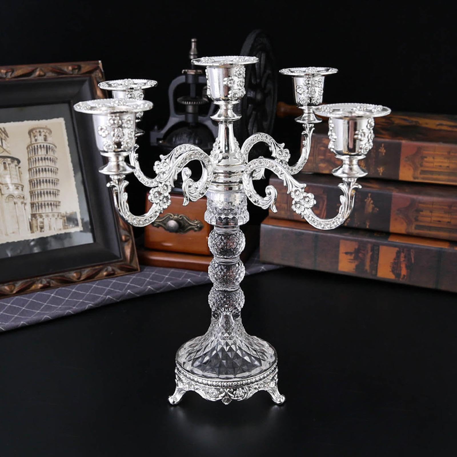 Candelabro cónico de Cinco Brazos, Ideal para Interiores como Bodas y cenas, Plata, Individual