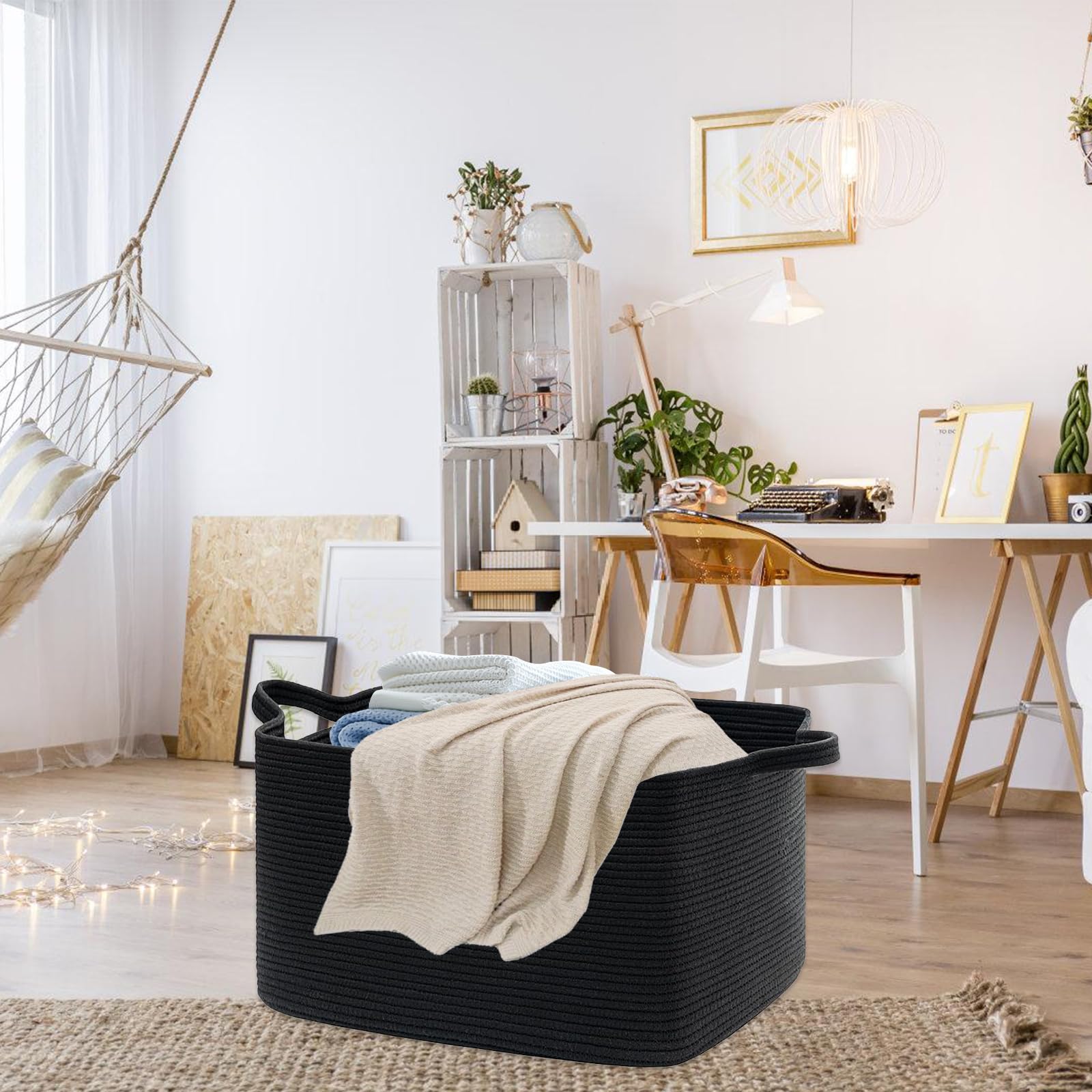 Grand panier de rangement tressé - Panier de rangement tressé pour chambre d'enfant - 55 x 38 x 30 cm - Noir