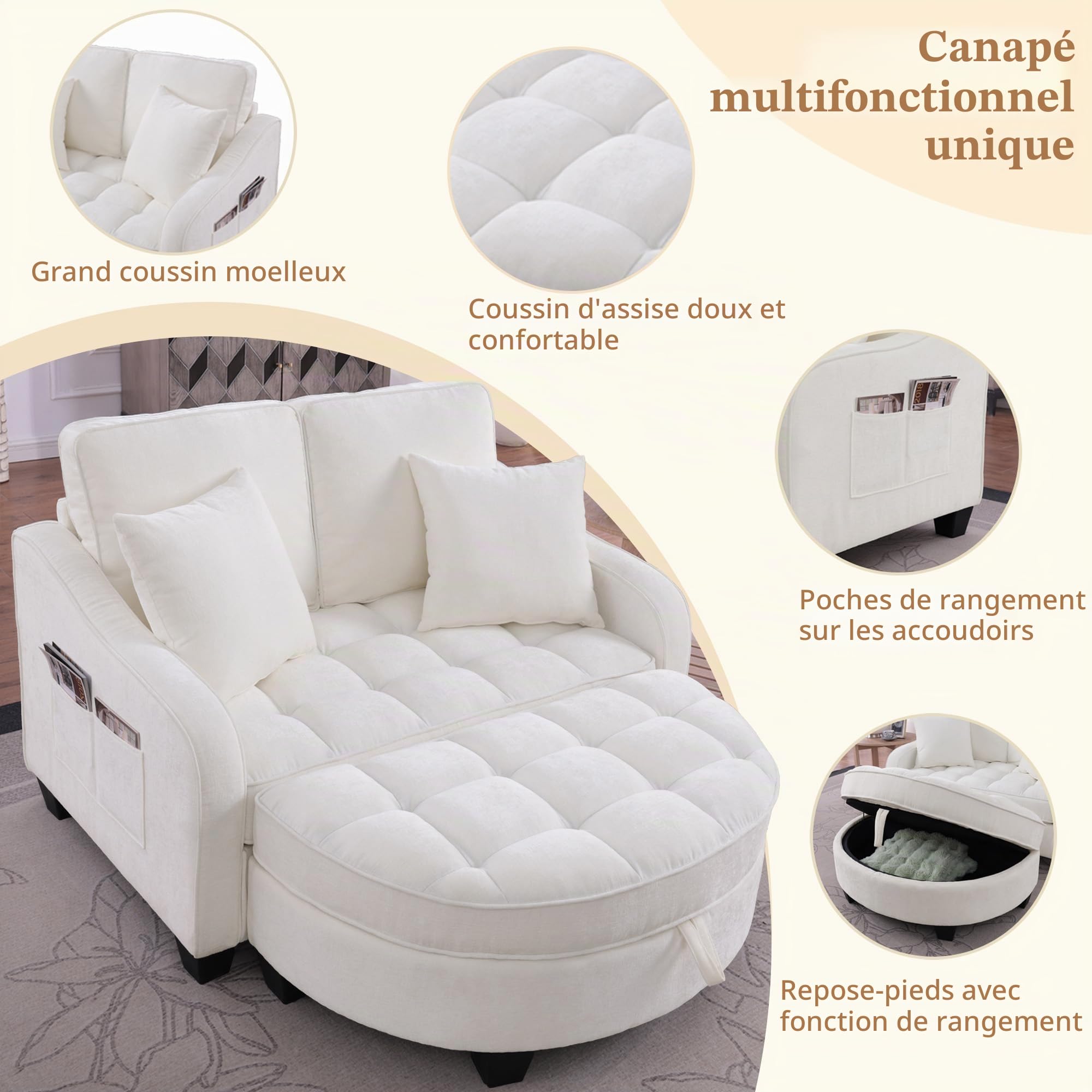 Sapgaks Canapé Convertible Multifonctionnel 2 en 1 avec Dossier Réglable, Canapé Lit 1 Place en Chenille avec Repose-Pieds de Rangement, Canapé Modulable avec Coussins au Chambre Salon Appt, Beige
