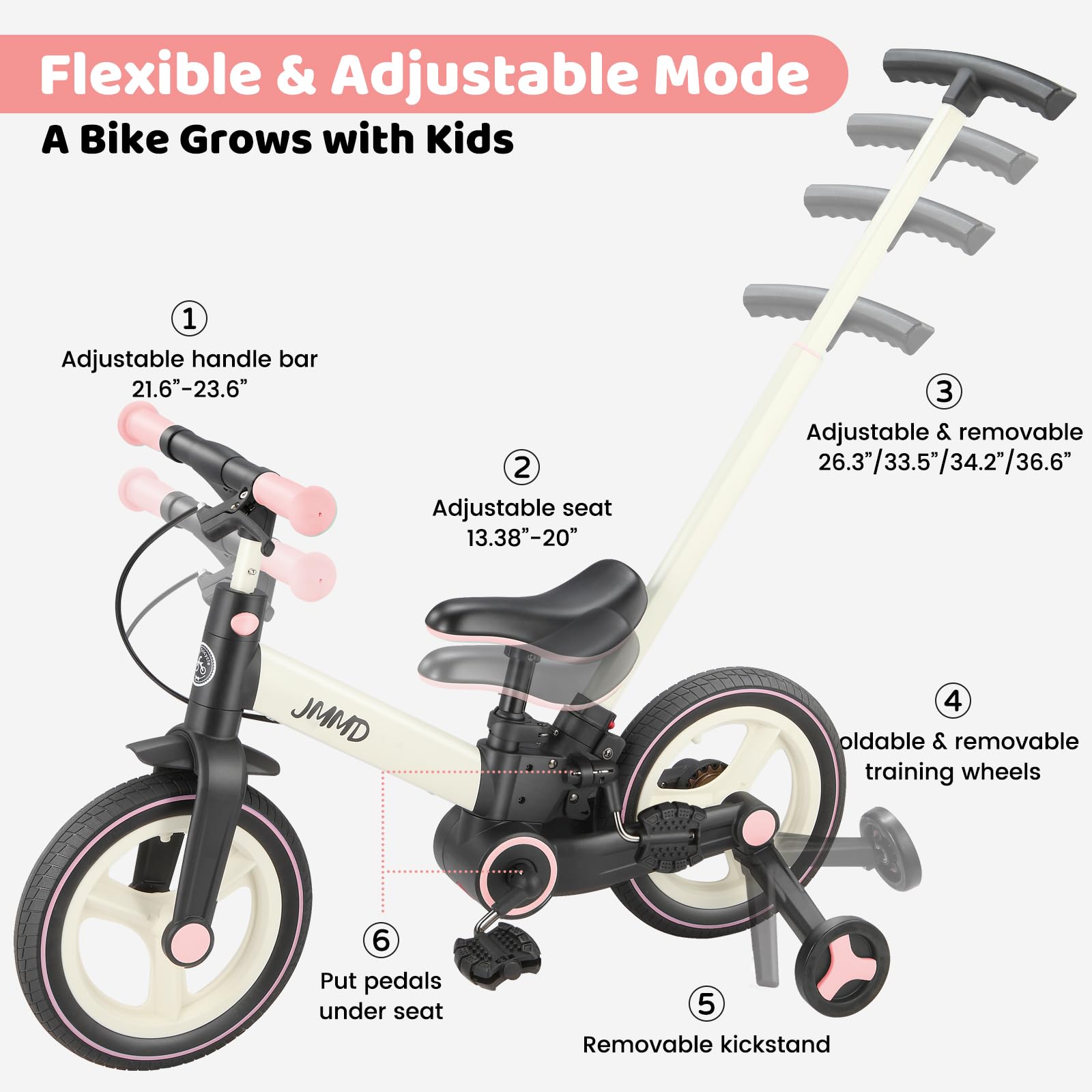JMMD Bicicletta 6-in-1 per Bambini con Rotelle e Pedali, Età 18 Mesi-5 Anni, Bici senza Pedali Convertibile e Pieghevole 12 Pollici & Bici a Pedali con Maniglia Genitore Regolabile,Freni