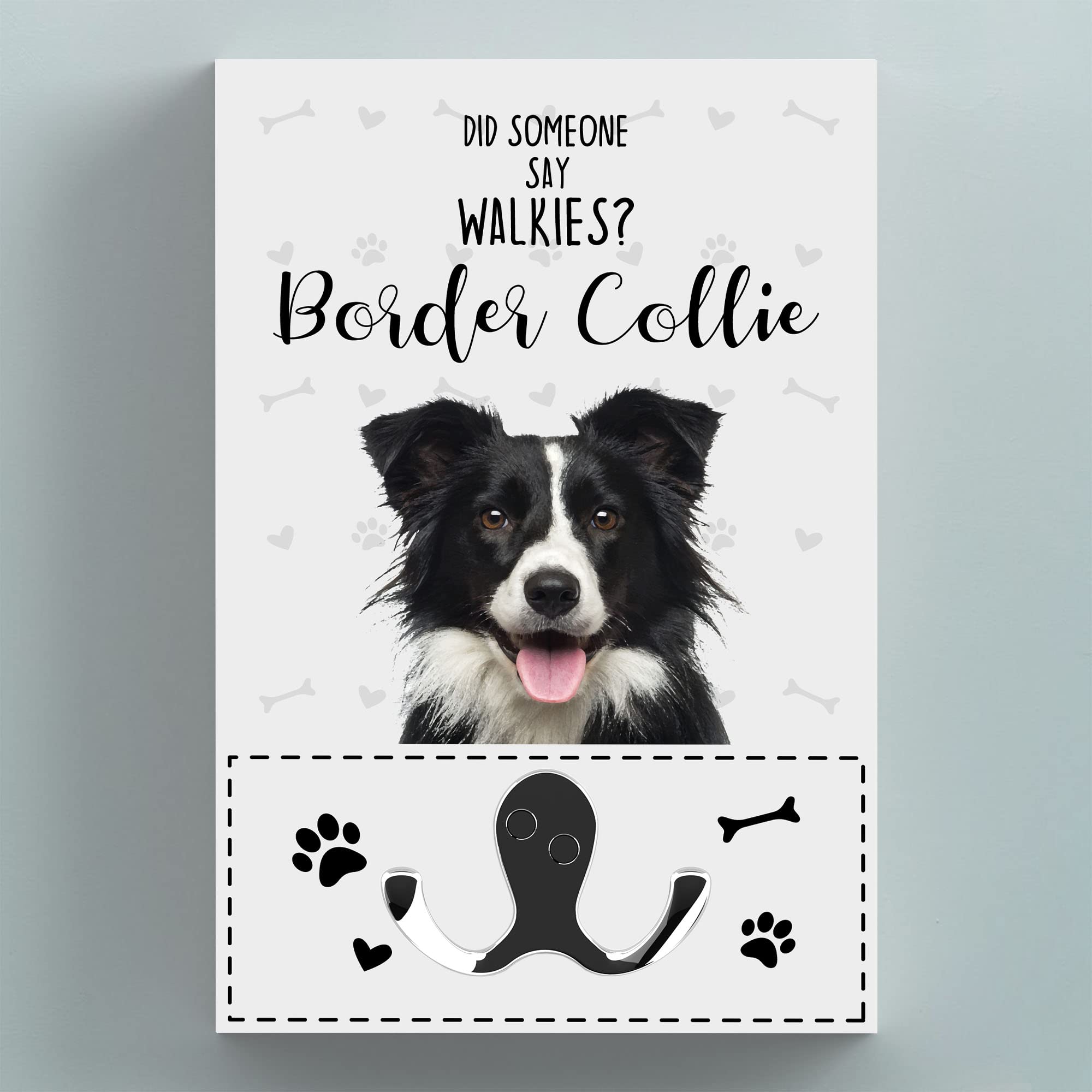 Global Designs White Grain With Uv Print Walkies Border Collie Themed Wall Hung Lead Hook Dog Breed Lead Holder Wall Hook