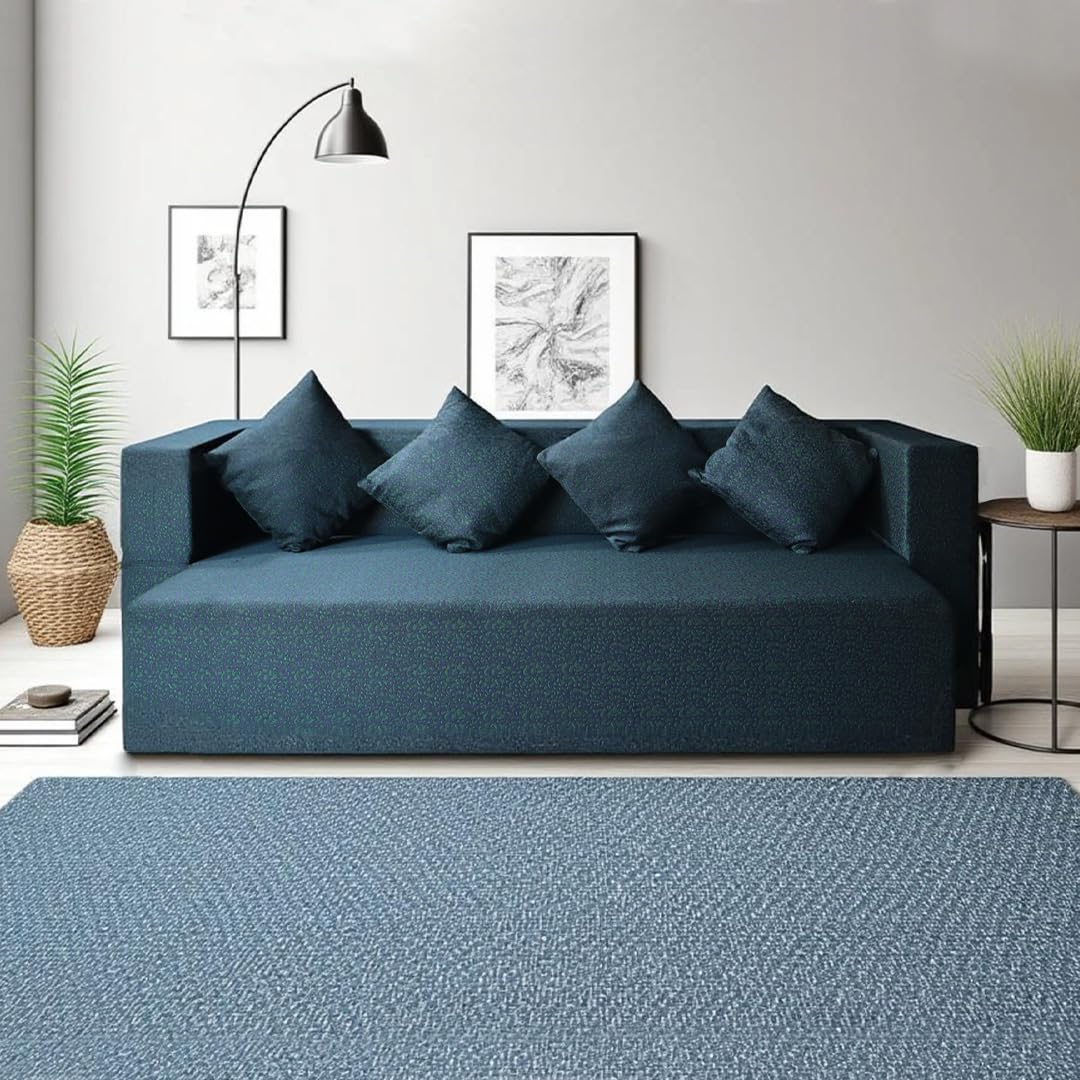 FRESH UP 78x36x10 inch Low Floor Seating Polycotton Fabric with 4 Cushions 4 Seater Single Foam Fold Out Sofa Cum Bed (Finish Color - Blue::Green Delivery Condition - Pre-Assembled)