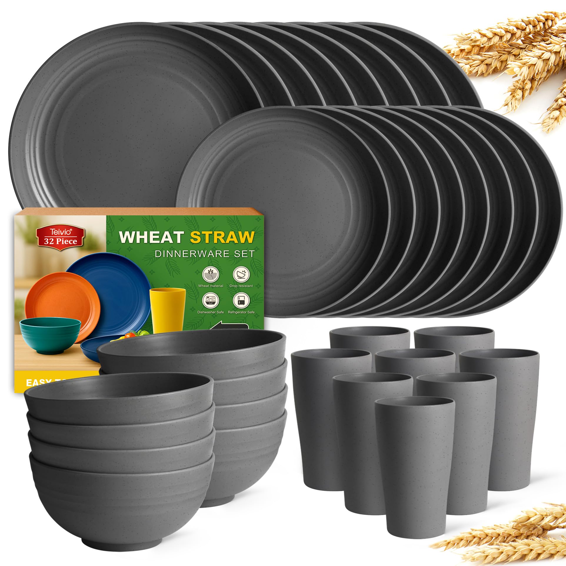 Teivio 32-Piece Kitchen Plastic Wheat Straw Dinnerware Set, Service for 8, Dinner Plates, Dessert Plate, Cereal Bowls, Cups, Unbreakable Colorful Plastic Outdoor Camping Dishes, Gray Matte