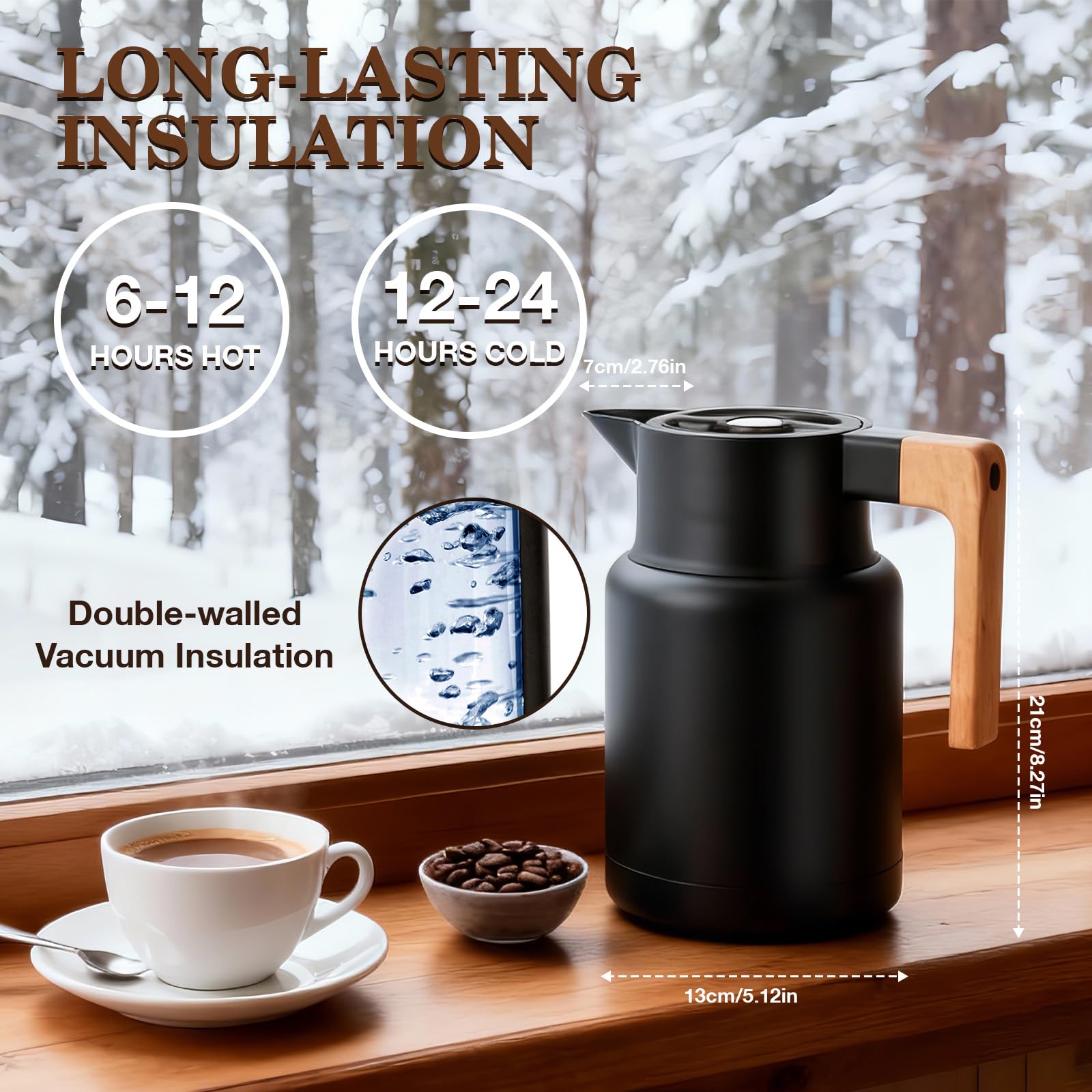 VINATO Thermos Café en Acier Inoxydable 304 - Pichet Isotherme Sans BPA avec Poignée Effet Bois, Étanche pour Café, Thé et Lait, Bouteille Isotherme 1,5L