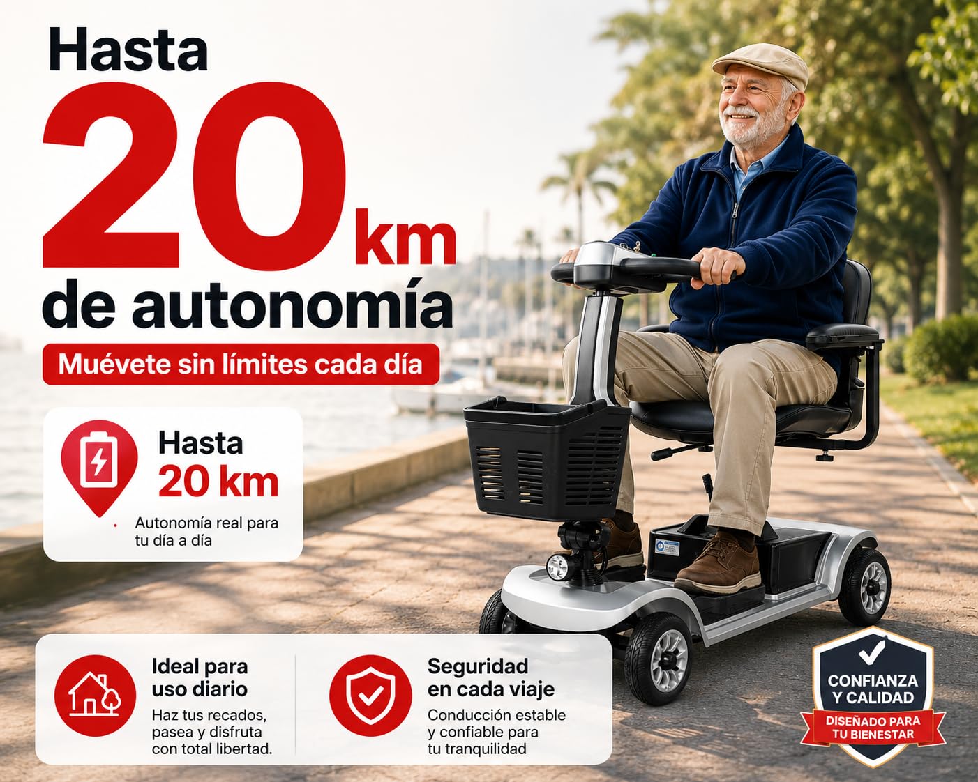Scooter de Movilidad Plegable 4 Ruedas 35 km Plata | Autonomía de hasta 35 km, capacidad máxima de 190 kg y asiento giratorio cómodo.