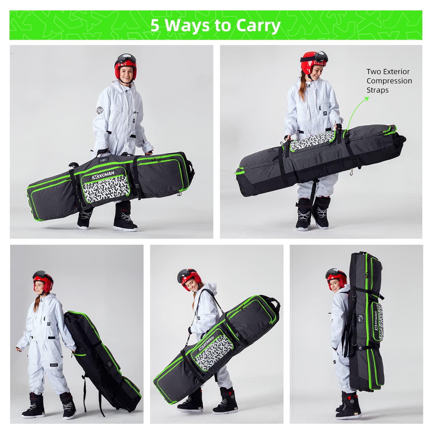 XCMAN - Borsa da Snowboard con Ruote, Lunghezza Regolabile per Viaggi in Aereo, Extra Lunga, Larga, Profonda, Impermeabile, con Stecche di Protezione in ABS e Dorso in Polipropilene, Versione 2020