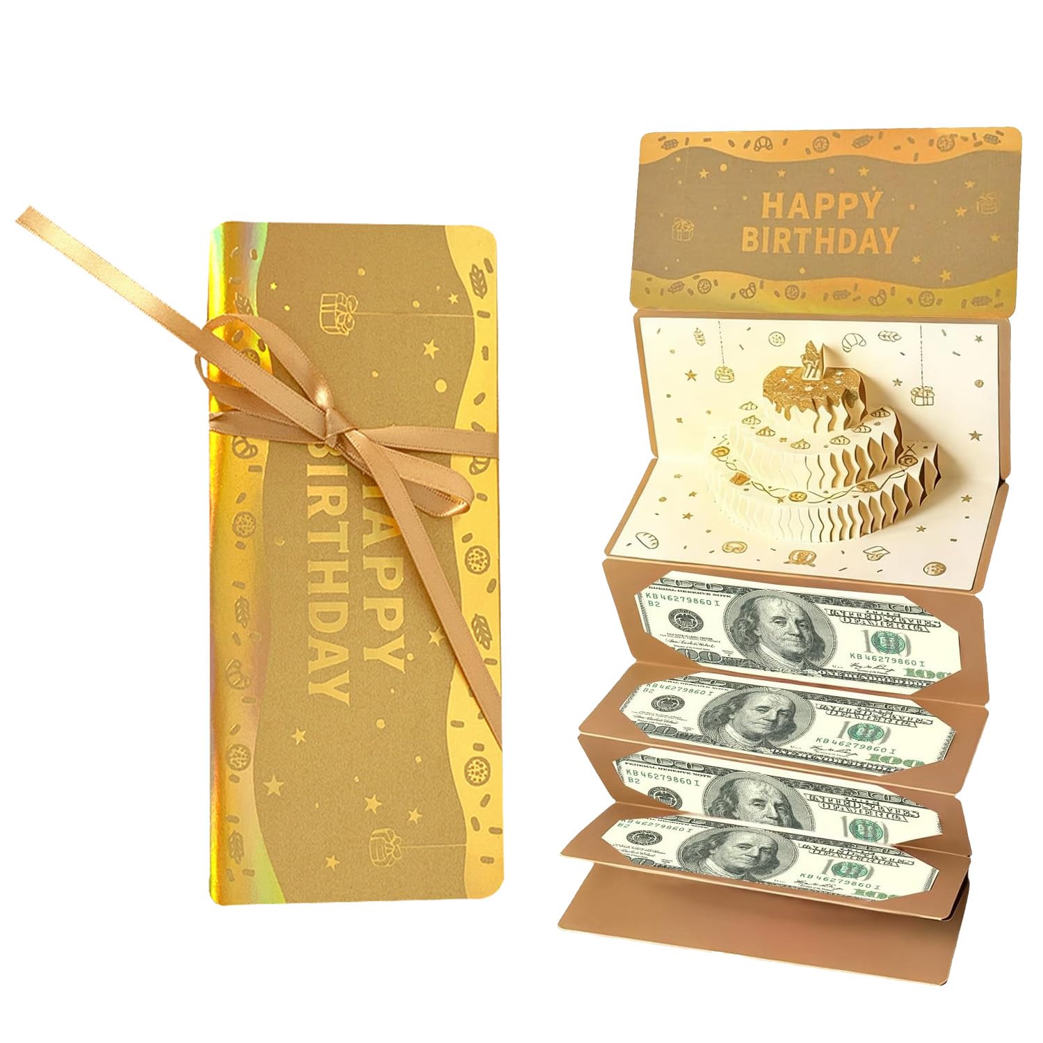 Gold Birthday Money Wallets for Cash Gifts, 3D Design Money Envelopes for Cash with 10 Pockets, Exquisite Money Gift Envelopes for Women, Man