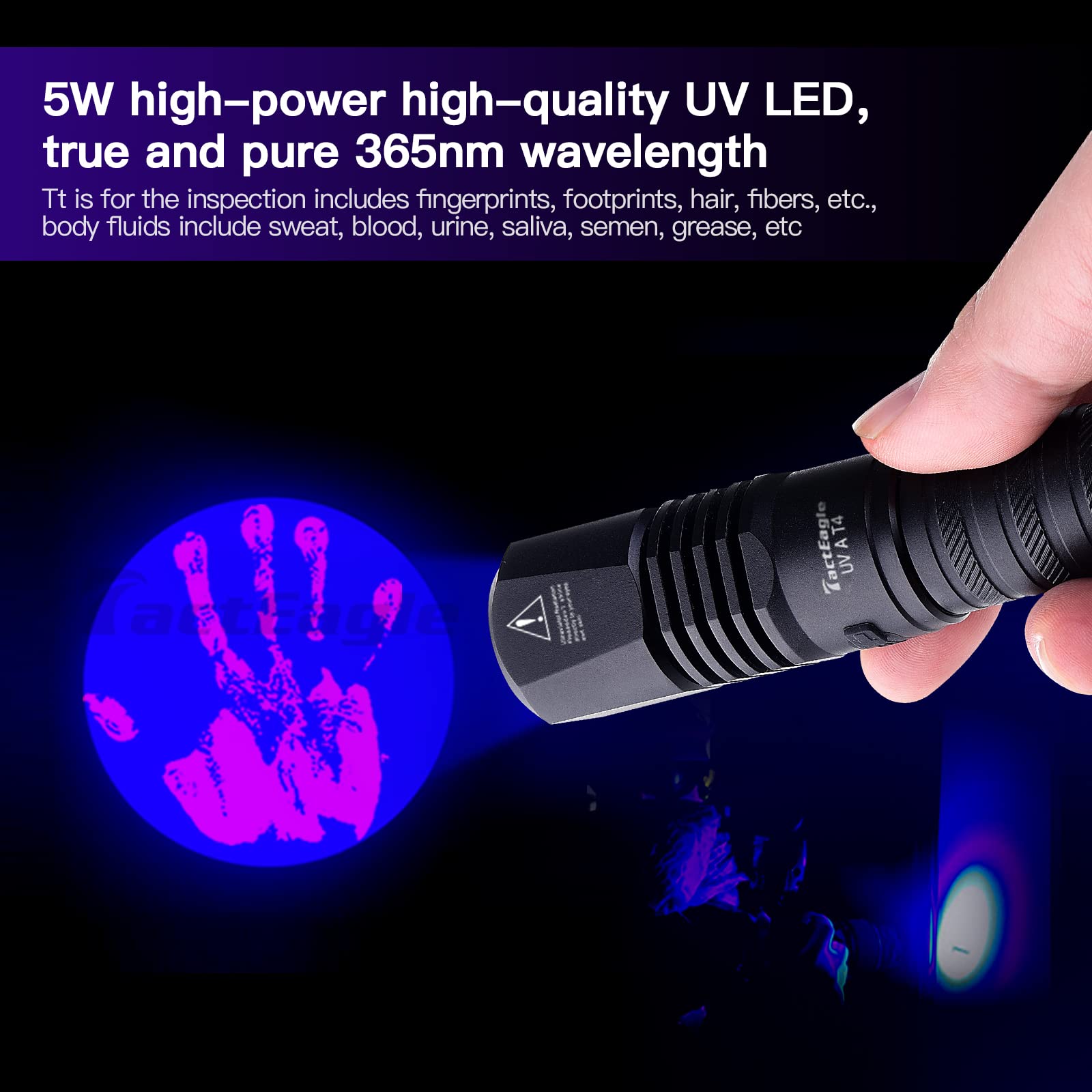Linterna UV de 365 nm, linterna negra de grado profesional, luz negra recargable por USB para detección de orina de mascotas, curado de resina, seguimiento de sangre, rocas, detección de fugas de aire