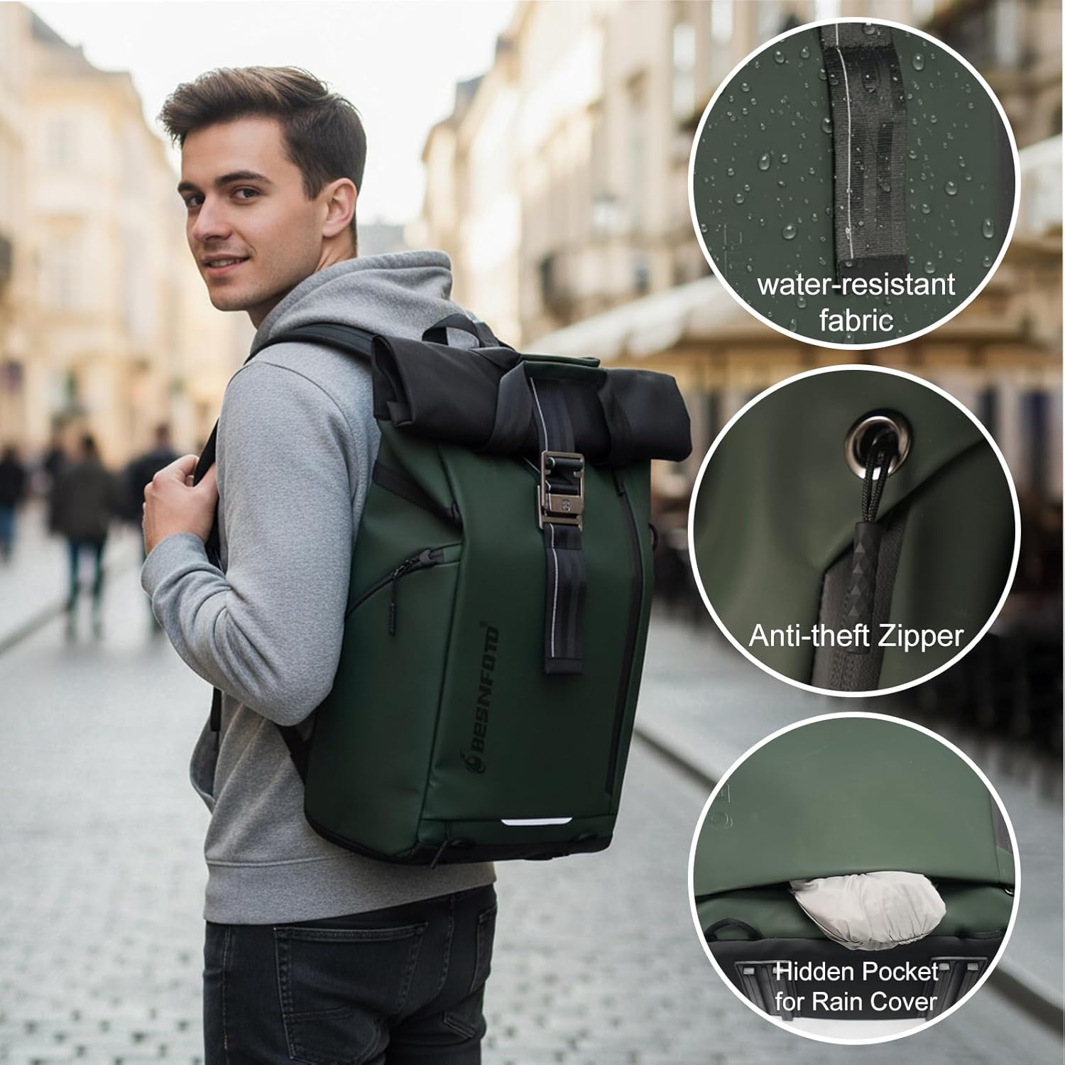 Besnfoto Camera Backpack, Waterproof Travel Camera Bag for Photographer Expandable Roll Top Photography Case for DSLR SLR Mirrorless Camera Fit up to 15.6 inch Laptop with Rain Cover