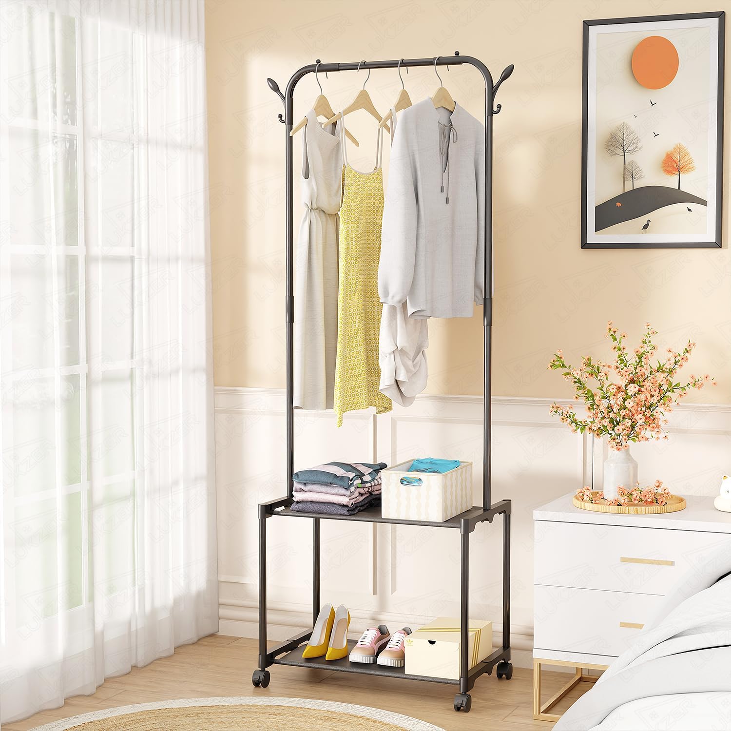 Lukzer Metal Garment Stand/Cloth Stand with 2 Bottom Stylish Design Shelves Multipurpose Display Standing Rack Unit (Black/145 x 35 x 54 cm) CH-004-image-46