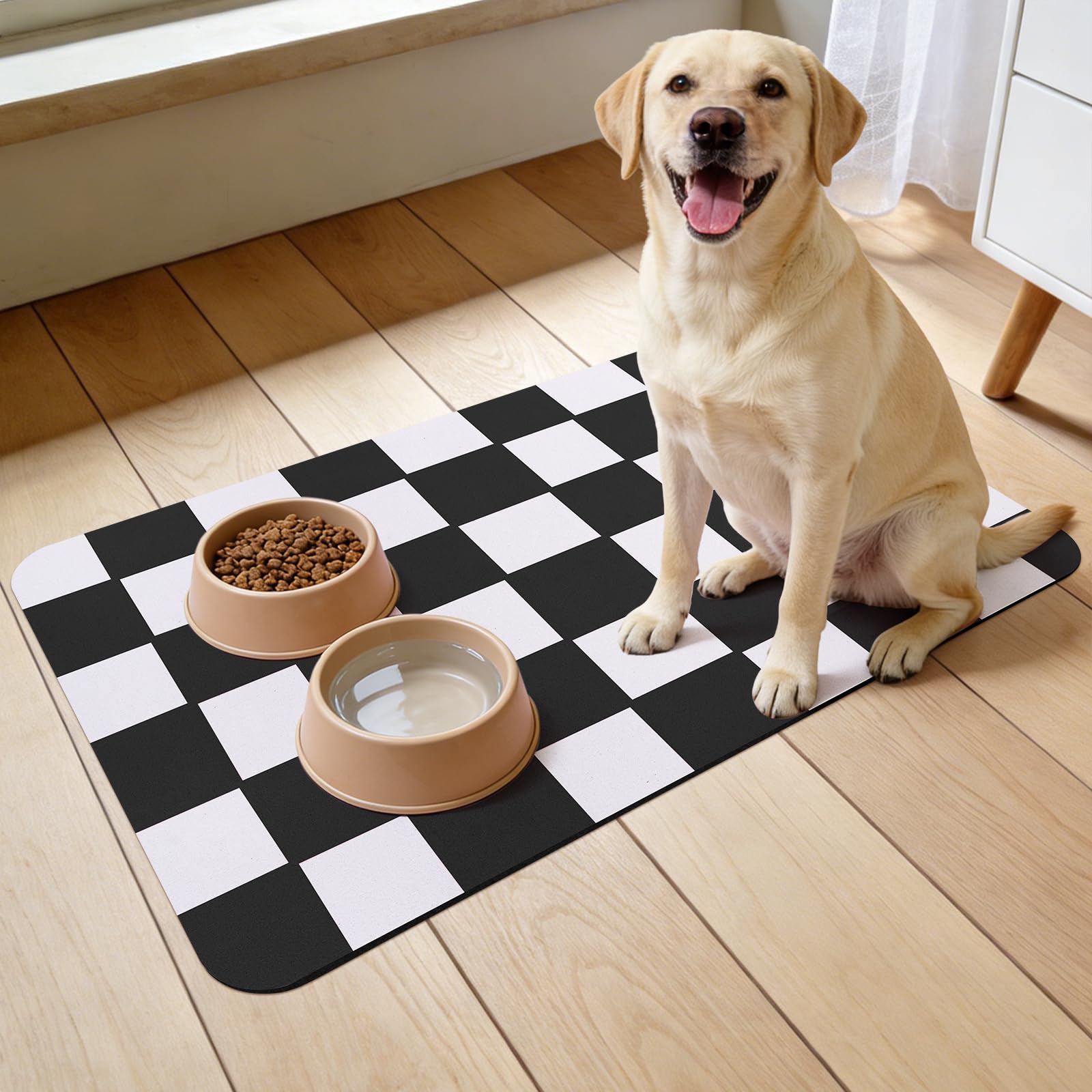Guittly Pet Feeding Mat Absorbent, Cat Dog Food Mat 60x40cm, Non Slip Pet Placemat for Dogs Cats (Black, 60x40cm)