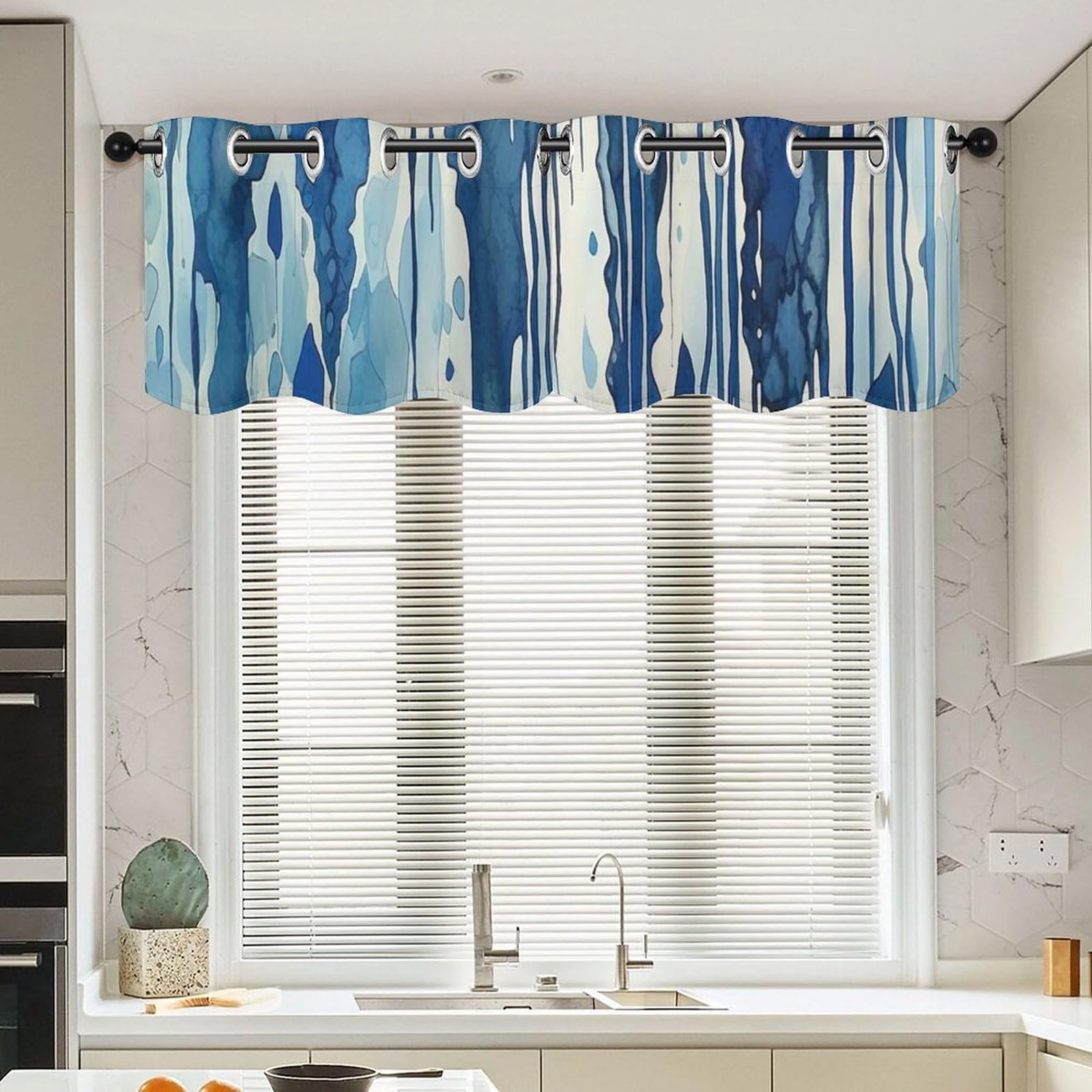 Rideaux géométriques bleus de cuisine japonaise lot de 2 cantonnières 132x45 cm
