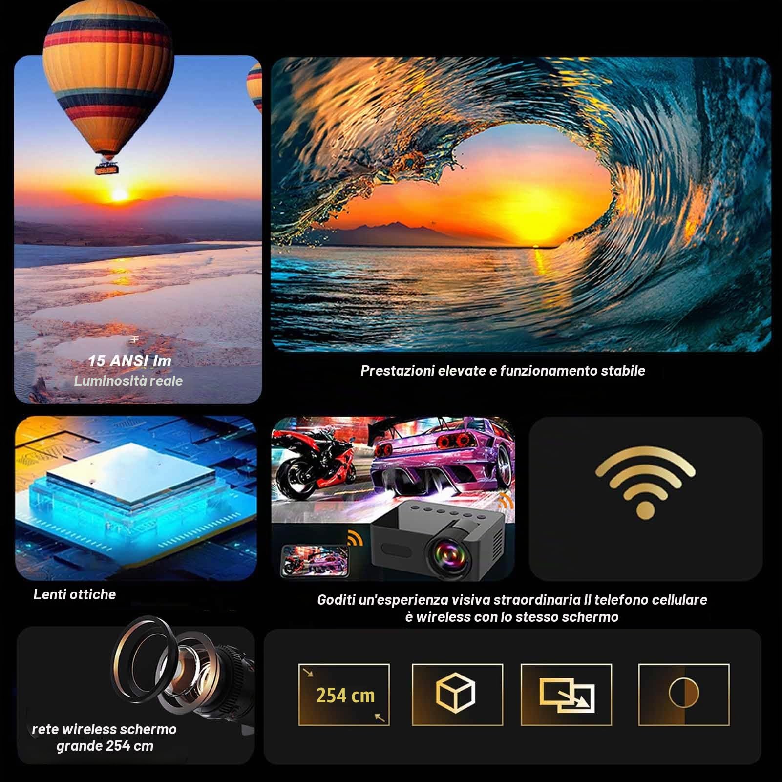 Mini Proiettore YT100, Videoproiettore Full HD 1080P, Proiettore Cinematografico Portatile per Esterni con Altoparlante 4Ω 2W, Proiettore Cinematografico per Telefono Home