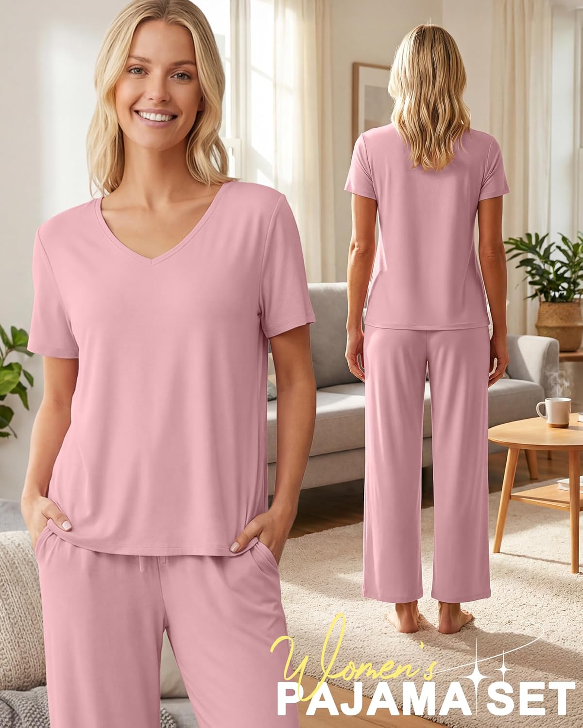 3 Pack Women's Pajama Set Short Sleeve Pajamas Top and Pants V Neck Soft 2 Piece Pjs Set Loungewear with Pockets