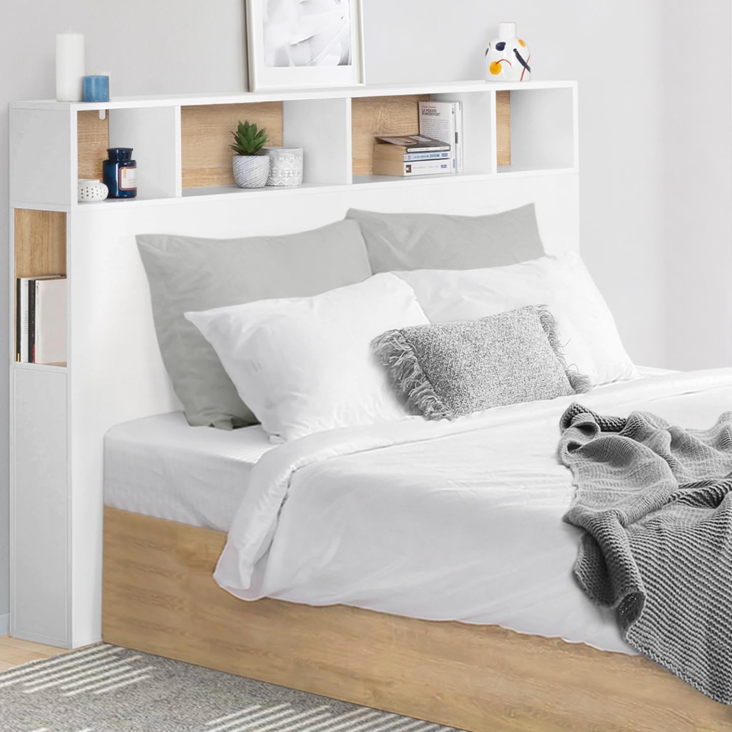 IDMarket - Tête de lit sur Pied Cleo 165 cm avec rangements fermés et niches Blanc et façon hêtre