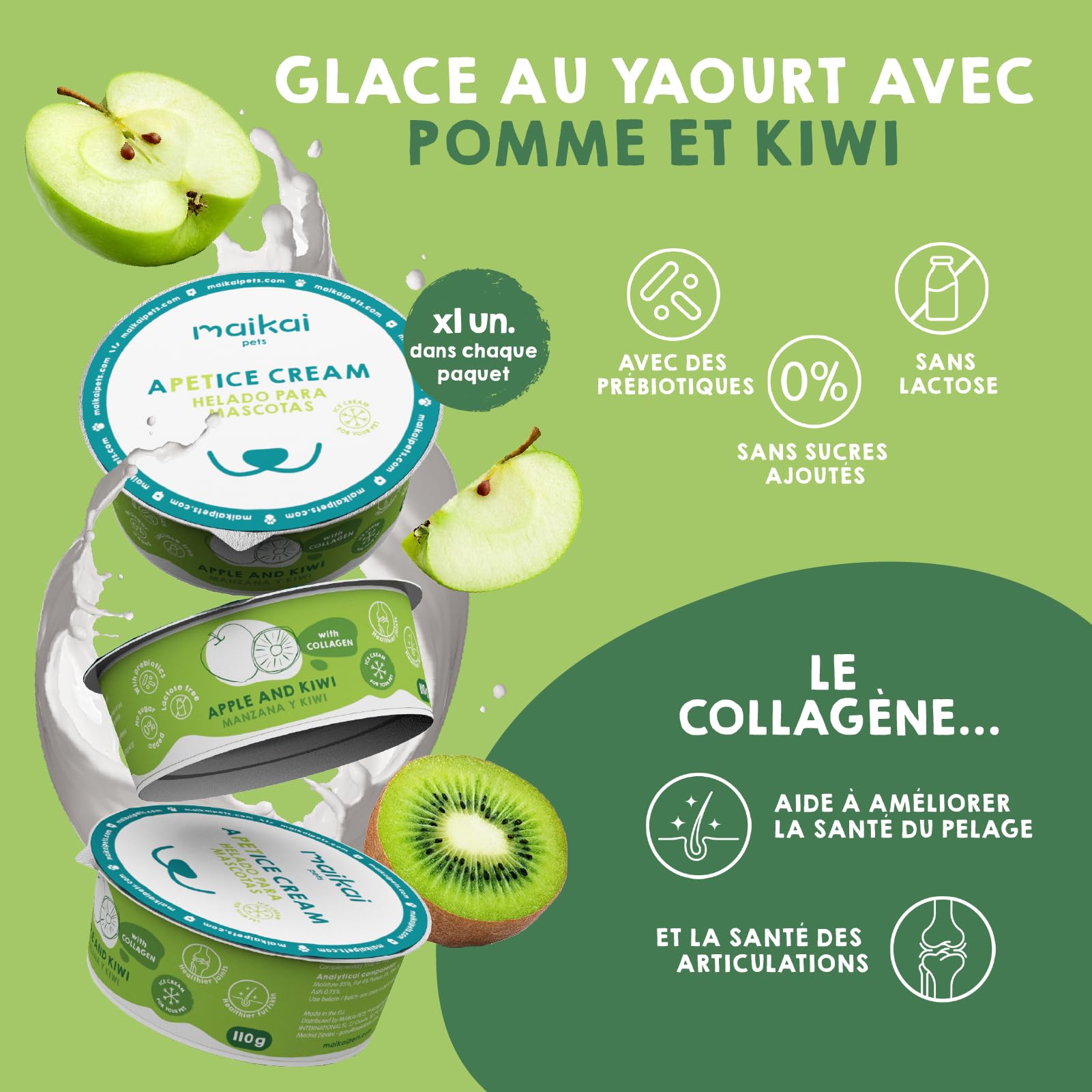 MAIKAI Lot 4 Glaces Rafraîchissantes pour Chiens et Chats – Collagène & Inuline – Friandise sans Lactose Hydratante – Idéale pour Tapis de Léchage – Soutien Articulaire et Digestif