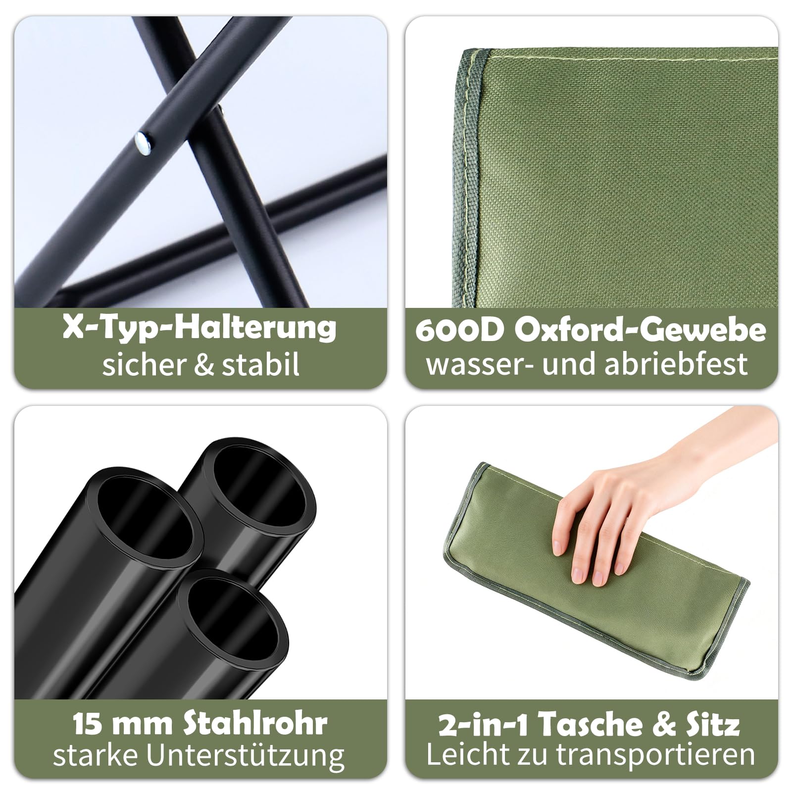 QottmezKlappstuhl Faltbar 33×26,5×32 cm – Leichter Campinghocker bis 120 kg, Tragbarer Klapphocker mit Tasche, Campingstuhl Klappbar Leicht für Wandern, Angeln & Camping Erwachsene (Grün)