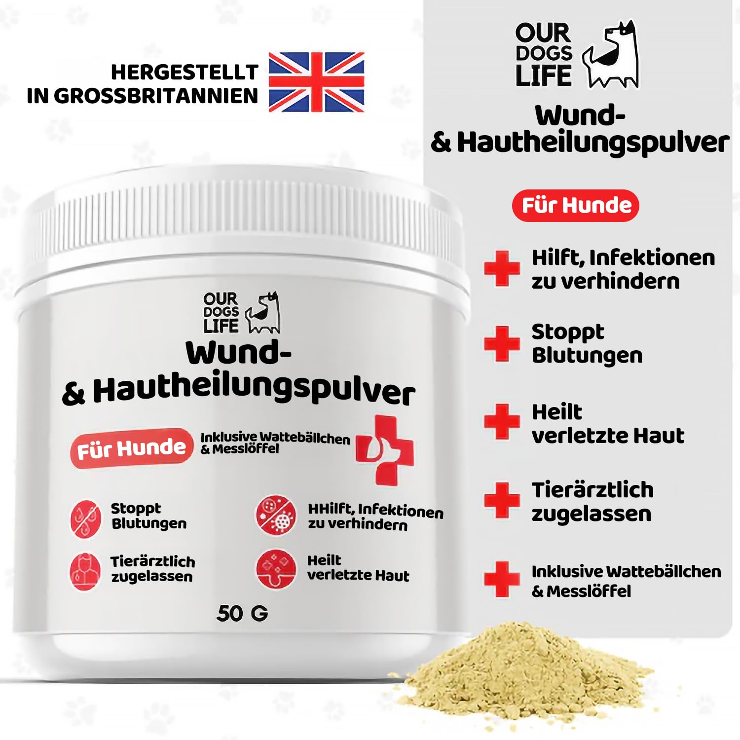 Wund- & Hautpuder für Hunde | Blutstillend & Heilungsfördernd | Tierärztlich getestet | Erste-Hilfe Wundpuder | Antibakteriell | DogsLife