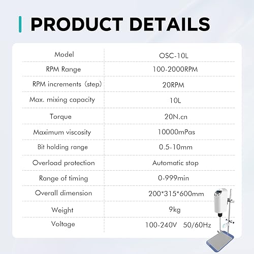 Miniatura 7 de LAB FISH Mezclador digital de laboratorio agitador eléctrico de laboratorio Varilla de agitación y soporte de acero inoxidable Velocidad ajustable