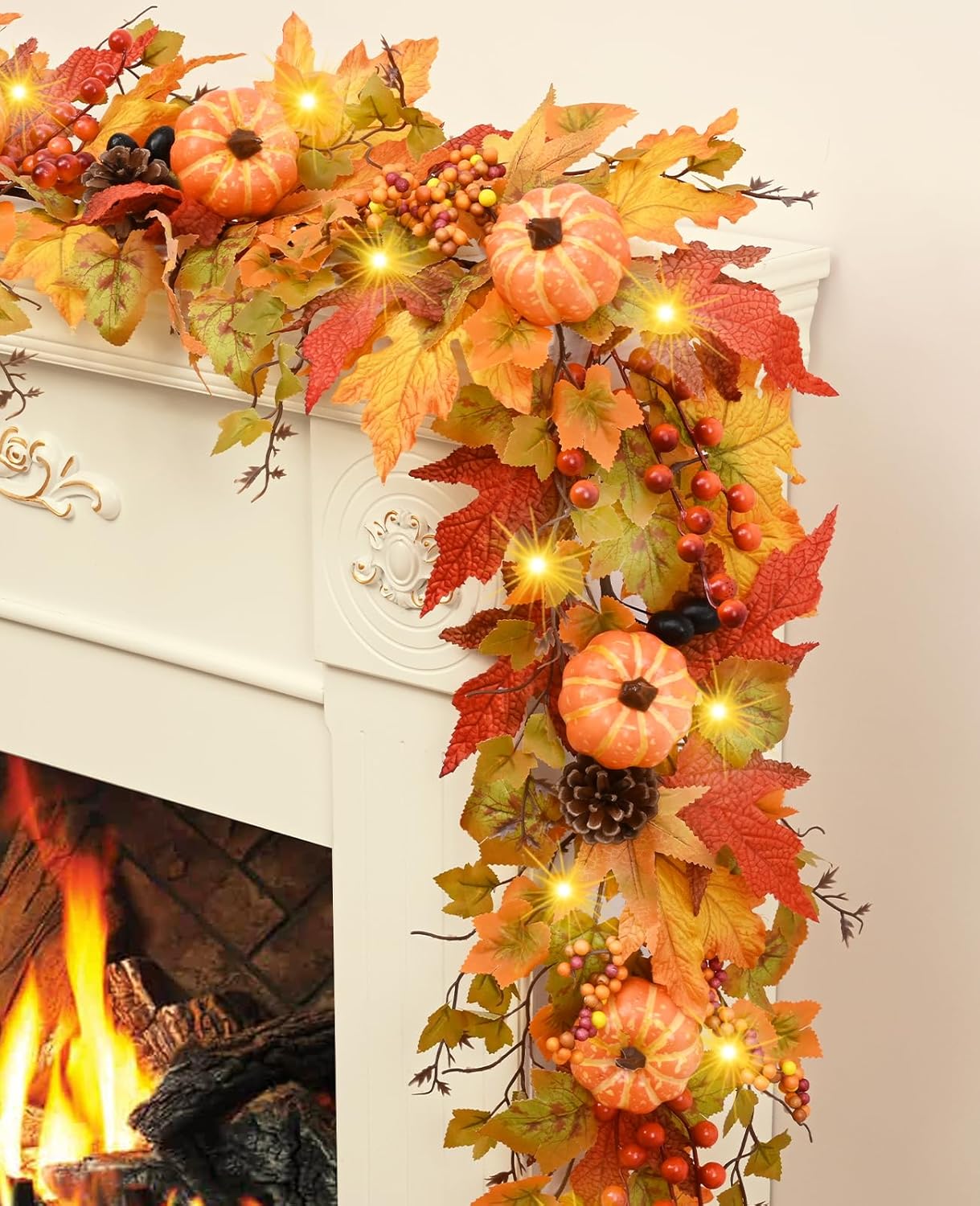 Fall Decor - 5.9 FT Fall Garland for Mantle, Artificial Fall Leaves Garland with Maple Leaves Pumpkins, Gorgeous Fall Decorations for Home Front Door Fireplace Mantel Centerpieces Thanksgiving Decor 1 Pack