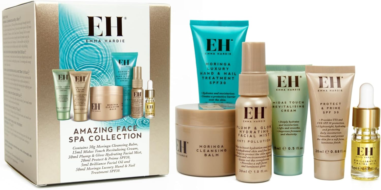 Emma Hardie Amazing Face Spa Collection Kit: Contains 6pcs of Iconic Travel Sized Skincare Products, including Moringa Cleansing Balm and Facial Oil, Perfect for Travelling, Natural and Cruelty Free Emma Hardie Amazing Face Spa Collection Kit: Contains 6pcs of Iconic Travel Sized Skincare Products, including Moringa Cleansing Balm and Facial Oil, Perfect for Travelling, Natural and Cruelty Free
