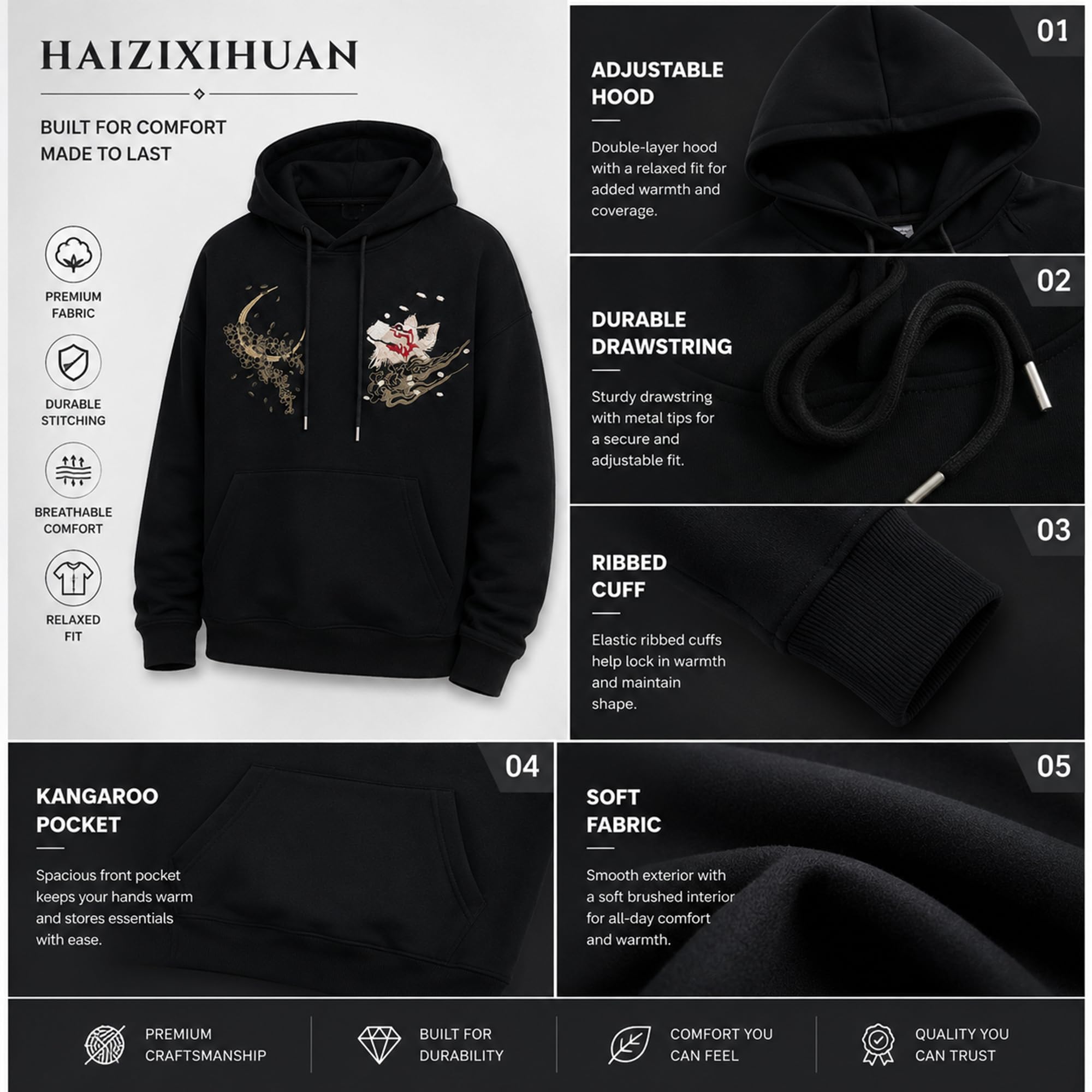 Herren-Kapuzenpullover mit neun Schwanz-Fuchsen, bestickt, japanischer Anime-Hoodie, Streetwear, schwarzer Kapuzenpullover, Herrenmode, lässiger Kapuzenpullover