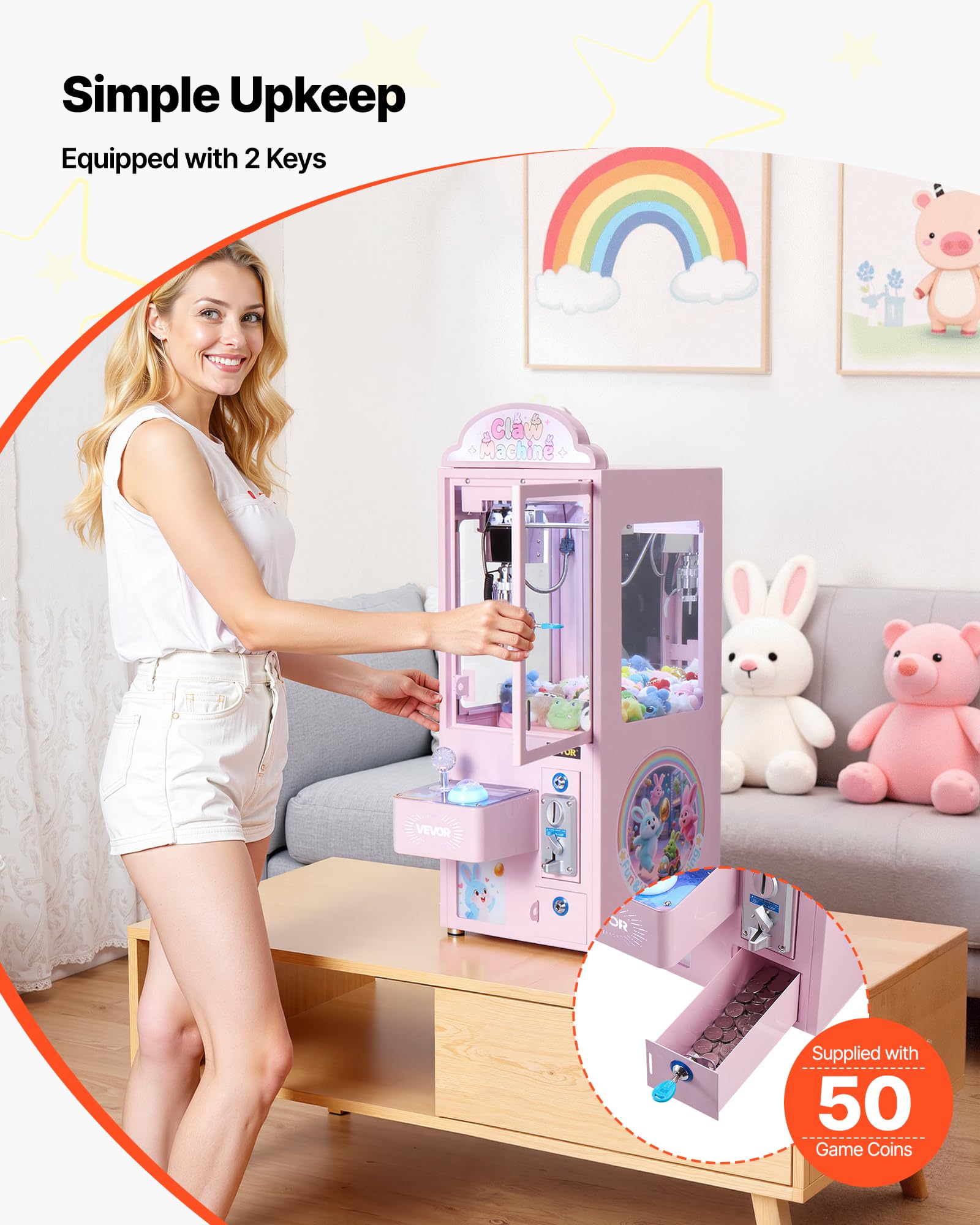 VEVOR Greifautomat, Greifer, mittelgroßer Spielautomat mit Licht & Ton, Präzisionsstahlklaue mit verstellbarem Griff für Plüschtiere, Verkaufsspielzeug, für kommerzielle Heimpartys & Kinos, Pink