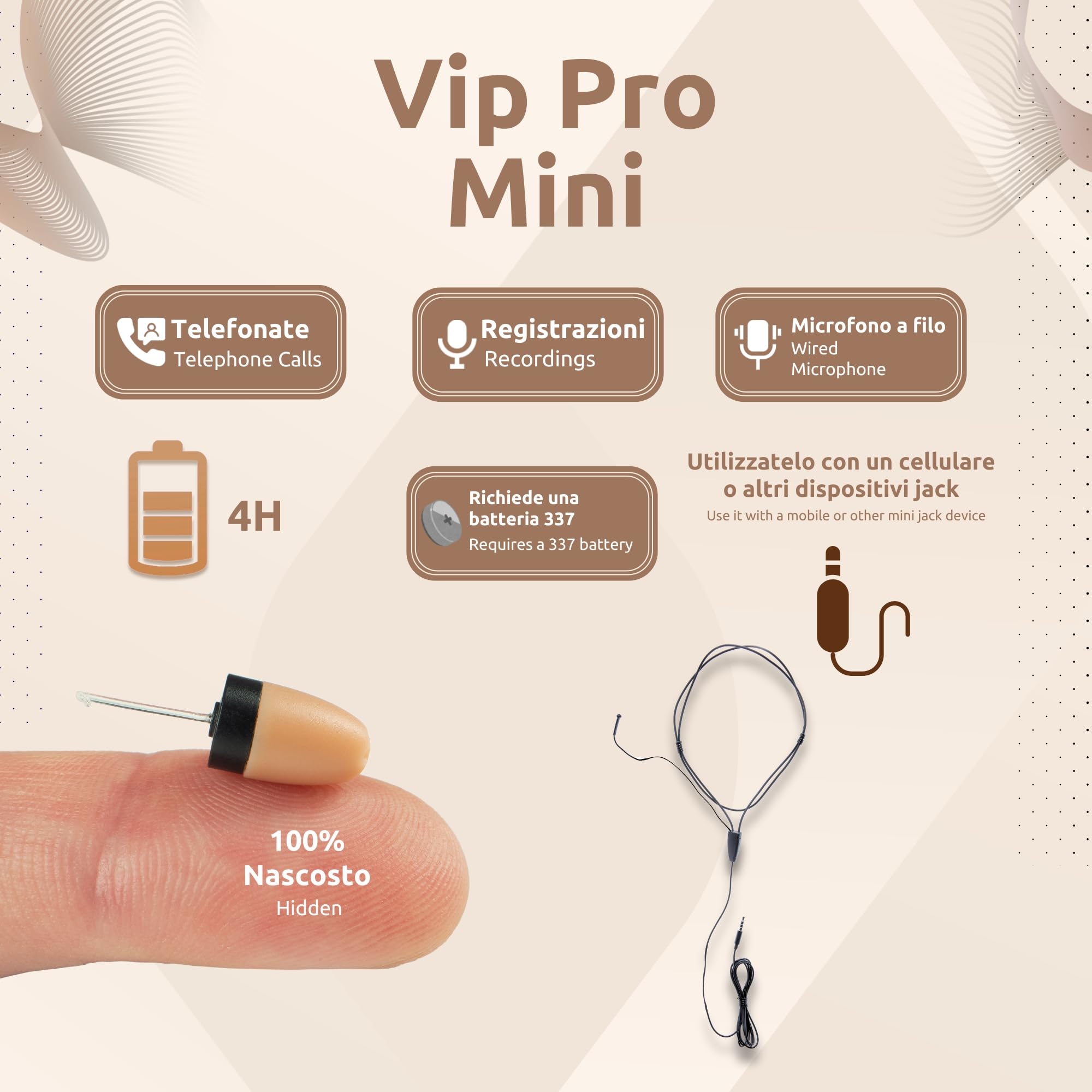 PingaOculto Auricolari Spia per Esami Cavo (Vip Pro Mini + Microfono) | Senza fili, Jack 3,5 mm, Pulsante multifunzione, Chiamate e registrazioni, Collare a induzione, iPhone e Android, Invisibile