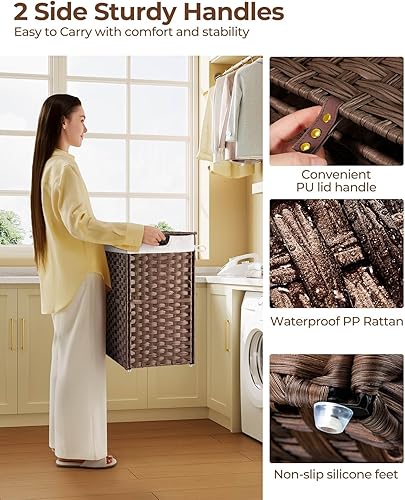 Miniatura 4 de Greenstell Cesto para ropa sucia con tapa, no necesita instalación, cestas de mimbre de 110 litros plegables, 2 bolsas de forro extraíbles, cesta de