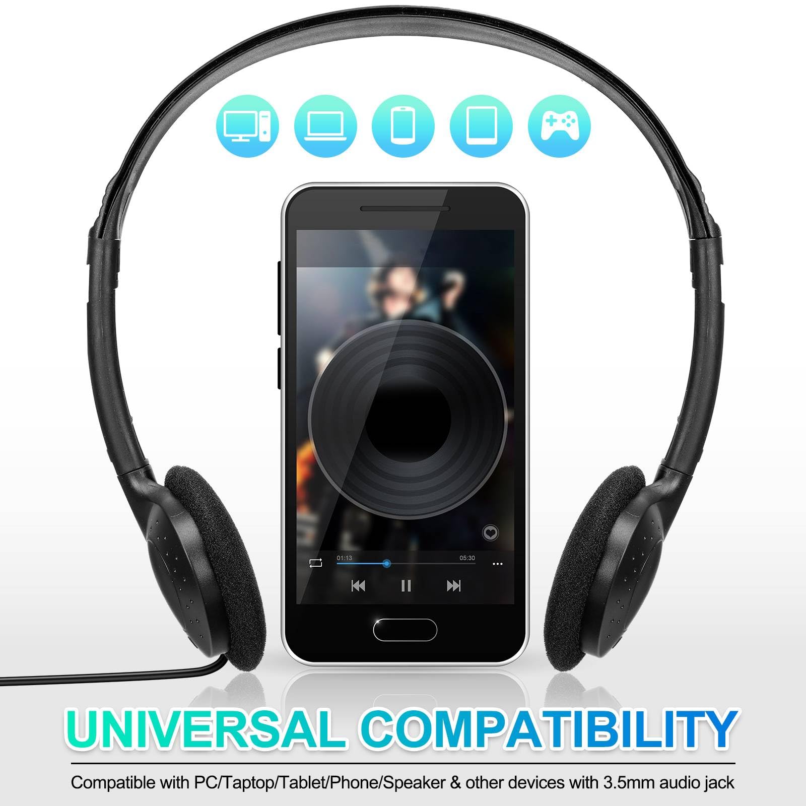 Frienda Set di 48 cuffie per aula con cavo stereo con jack da 3,5 mm, set di auricolari per studenti per bambini, adulti, scuola, biblioteca, aereo, computer portatile, senza microfono, nero