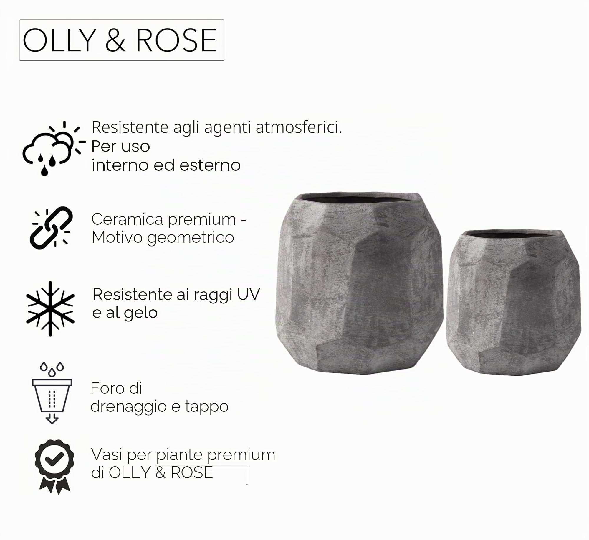 Olly & Rose Leon - Set di 2 vasi per piante geometriche in ceramica, effetto sabbia, grigio scuro, diametro 21 cm e 14 cm, grandi vasi per piante da esterno e interno, fioriere grigie, vasi da fiori
