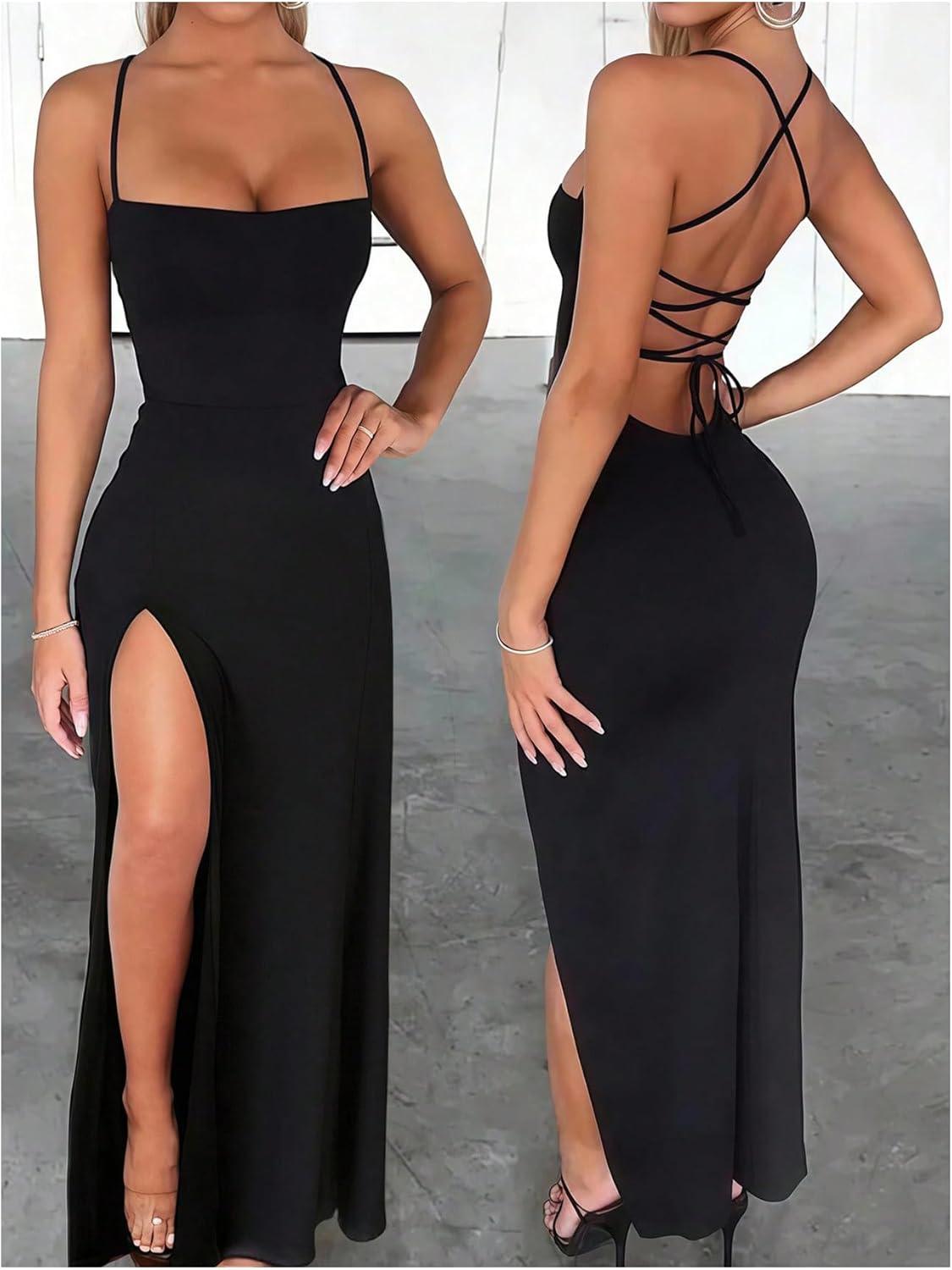 GORGLITTER Women's Backless Formal Dress Spaghetti Strap High Slit Long Bodycon Coctail Wedding Guest Dresses - Image 3