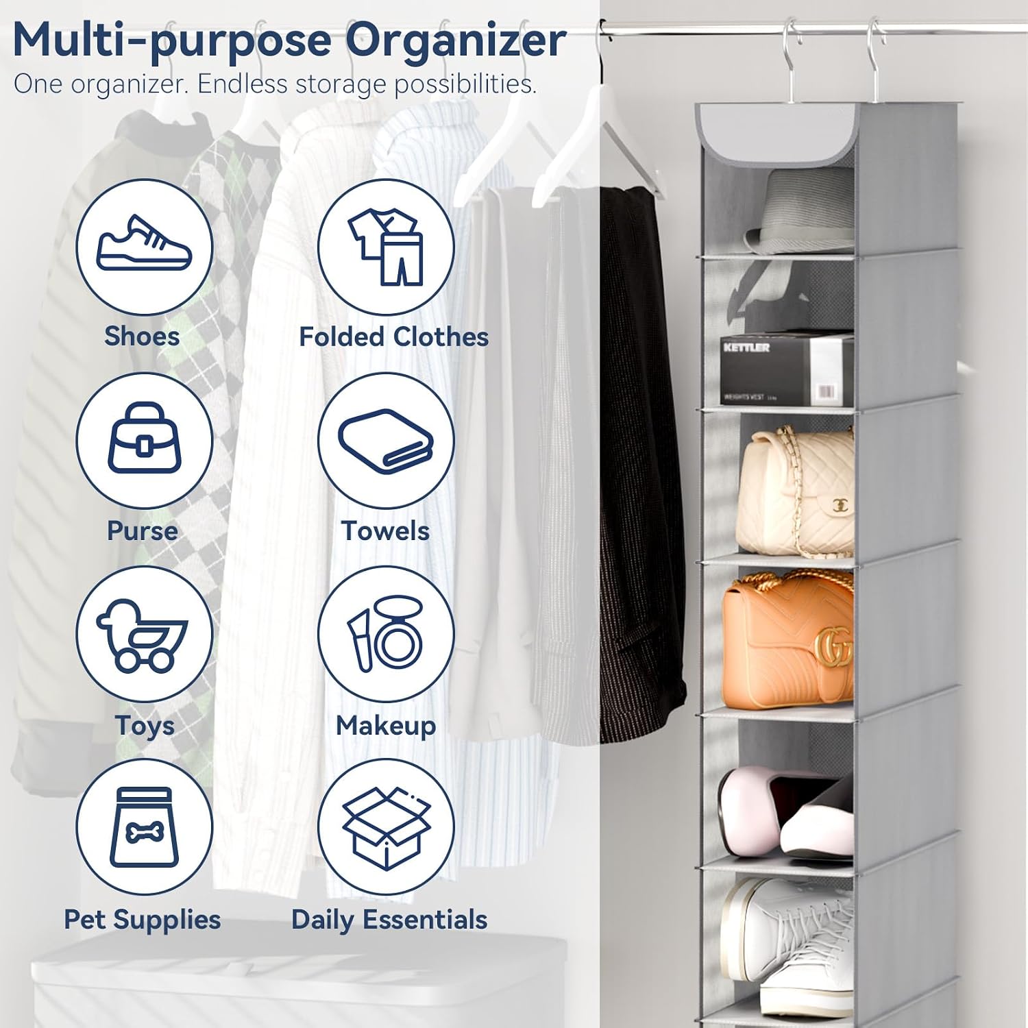 Whitmor Hanging Shoe Organizer, 8 Shelves-Hanging Closet Organizer, Hanging Shoe Rack for Small Closet, Hanging Shelves for Storage Shoes Clothes 11.5" D x 5.5" W x 41" H, Gray