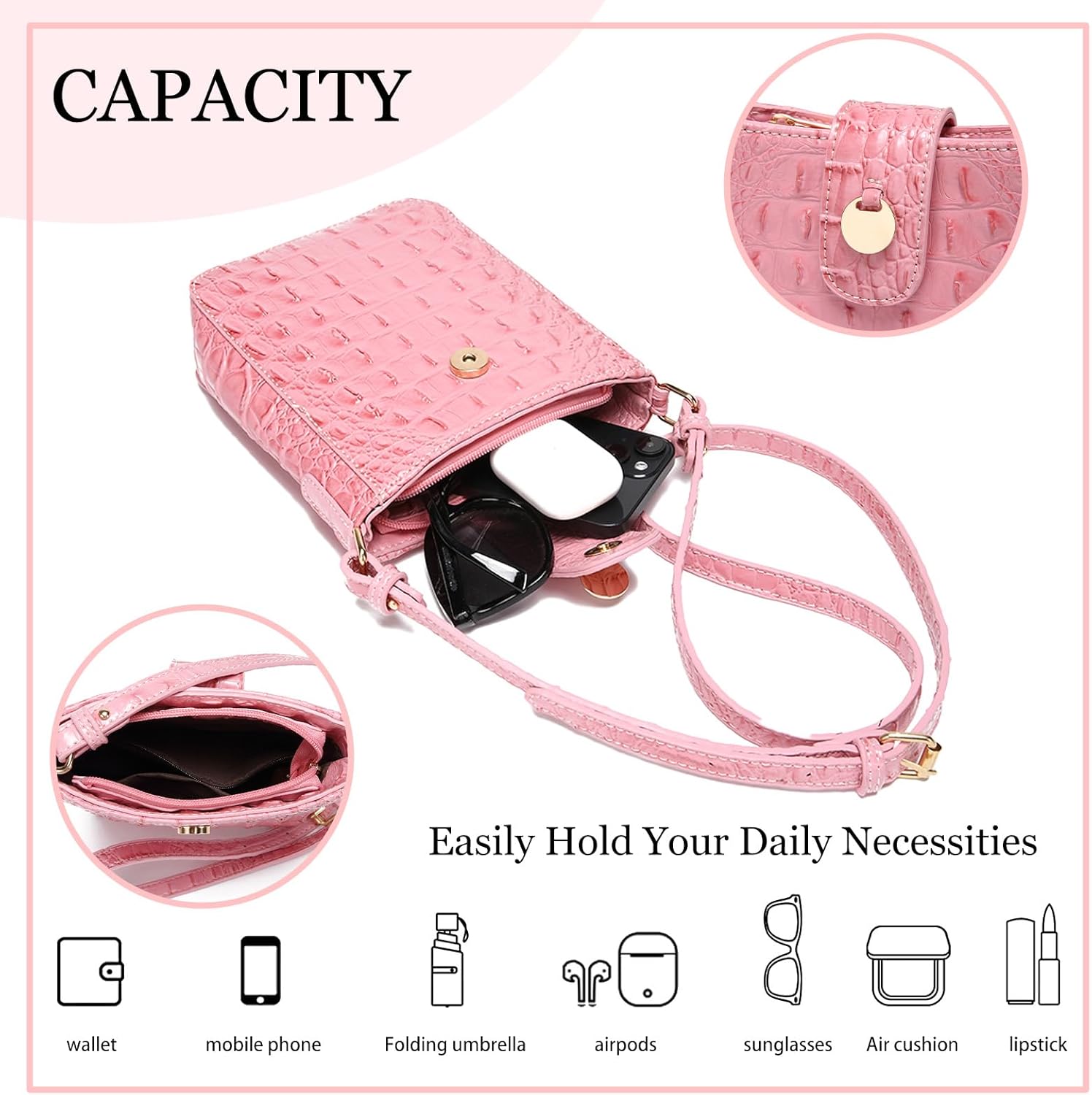 Makcr Joacbv Crocodile Embossed Small Crossbody Bag Fashionable Magnetic Buckle Decoration Shoulder Women's Luxury Wallet