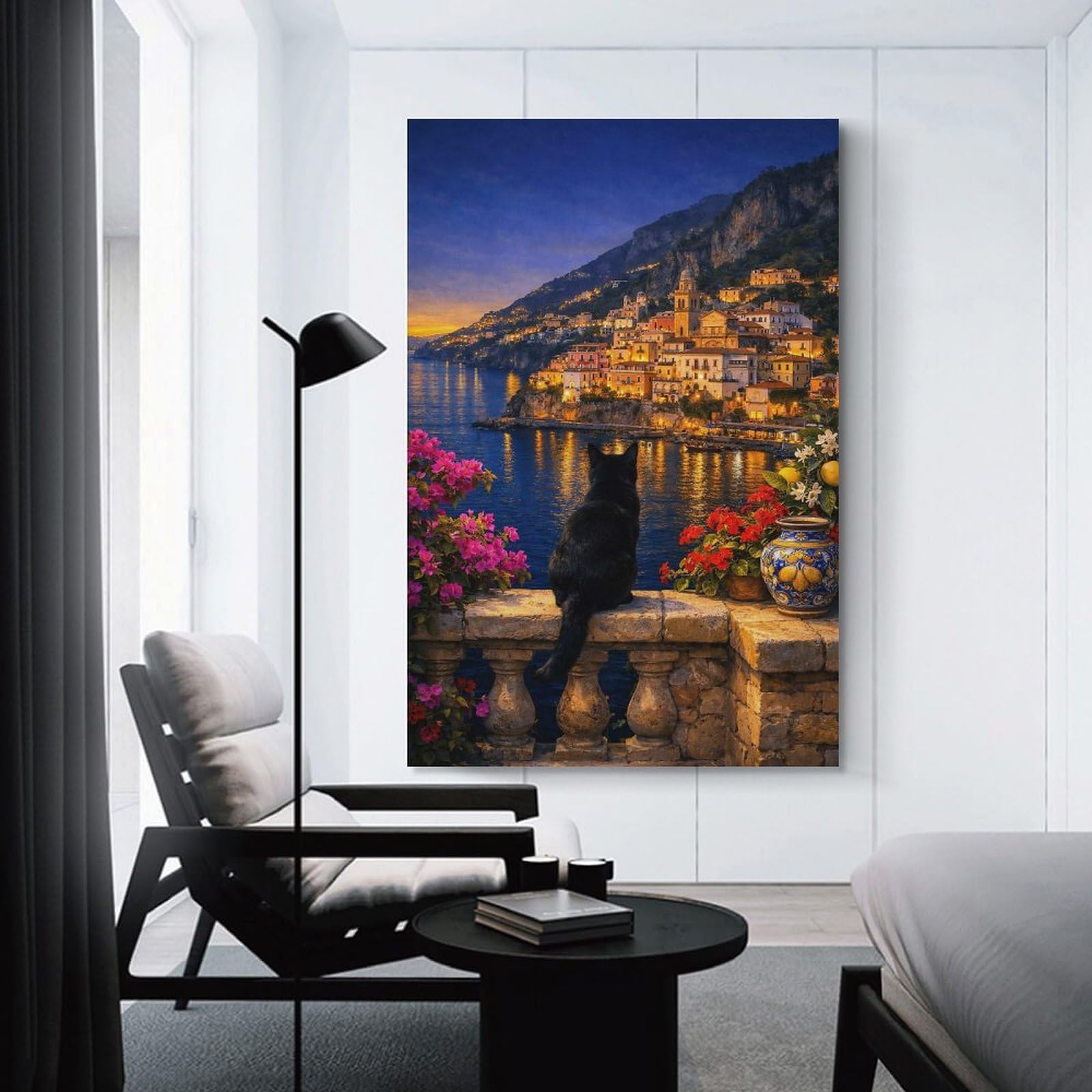Junmoney Black Cat Overlooking Amalfi Coastal Town Decorative Canvas Print 20x30inch(50x75cm), for Hallway, Bedroom Or Modern Interiors, Home Decor Gift with Stylish Appeal