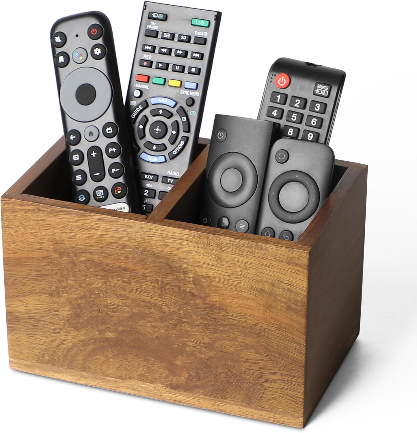 Remote Control Holder, Wooden TV Remote Holder for Table, Remote Organizer Caddy for Home Decor, Remote Box for Nightstand, Brown Labeled Remote, 3 Slot - 9.84 Inch