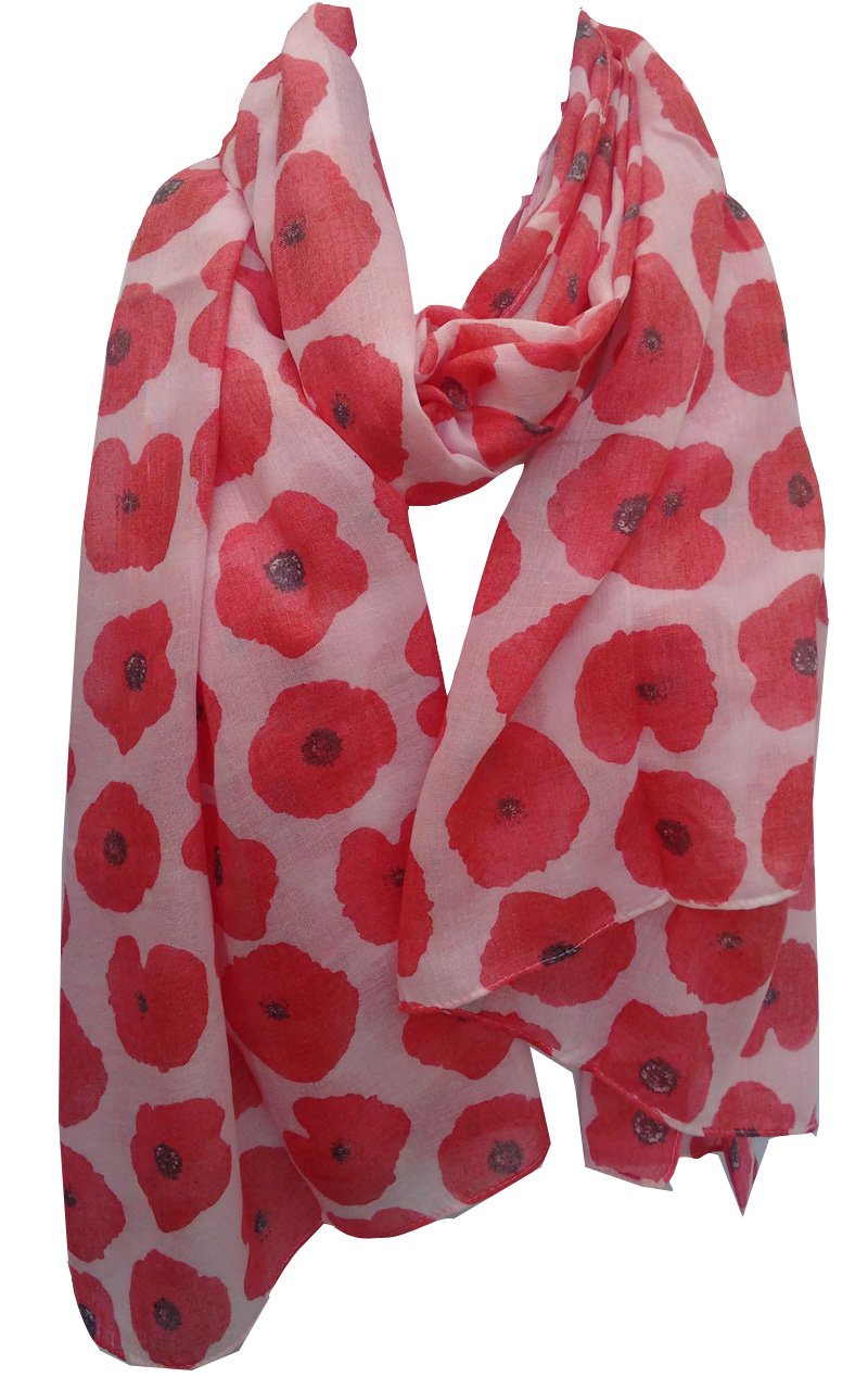 Glamlondon Women's Simple-Poppy-White Poppy Scarf Red Poppies Printed Large Soft Flower Floral Wrap (Simple-Poppy-White)