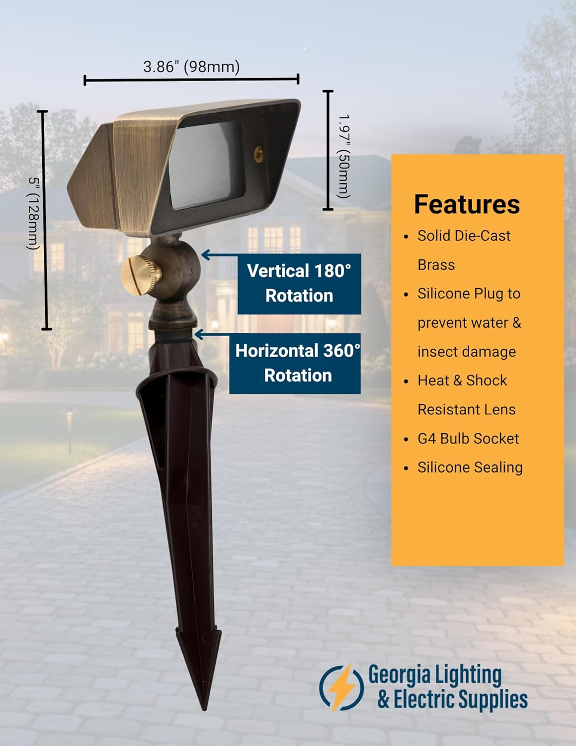 Solid Brass Adjustable 1-5W Low Voltage LED Flood Light, IP65 Outdoor Wall Wash with Ground Stake, Integrated LED Bulb Included, Antique Bronze