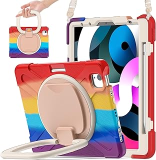 SCSVPN iPad Air 5th/4th Generation Case 10.9 2022/2020, iPad 11 Case 4th Generation 2022,Hand Grip Pencil Holder Rotated Stand Shoulder Strap,Rugged Kids Case for iPad 11 3rd/2nd/1st Gen, Rainbow Red