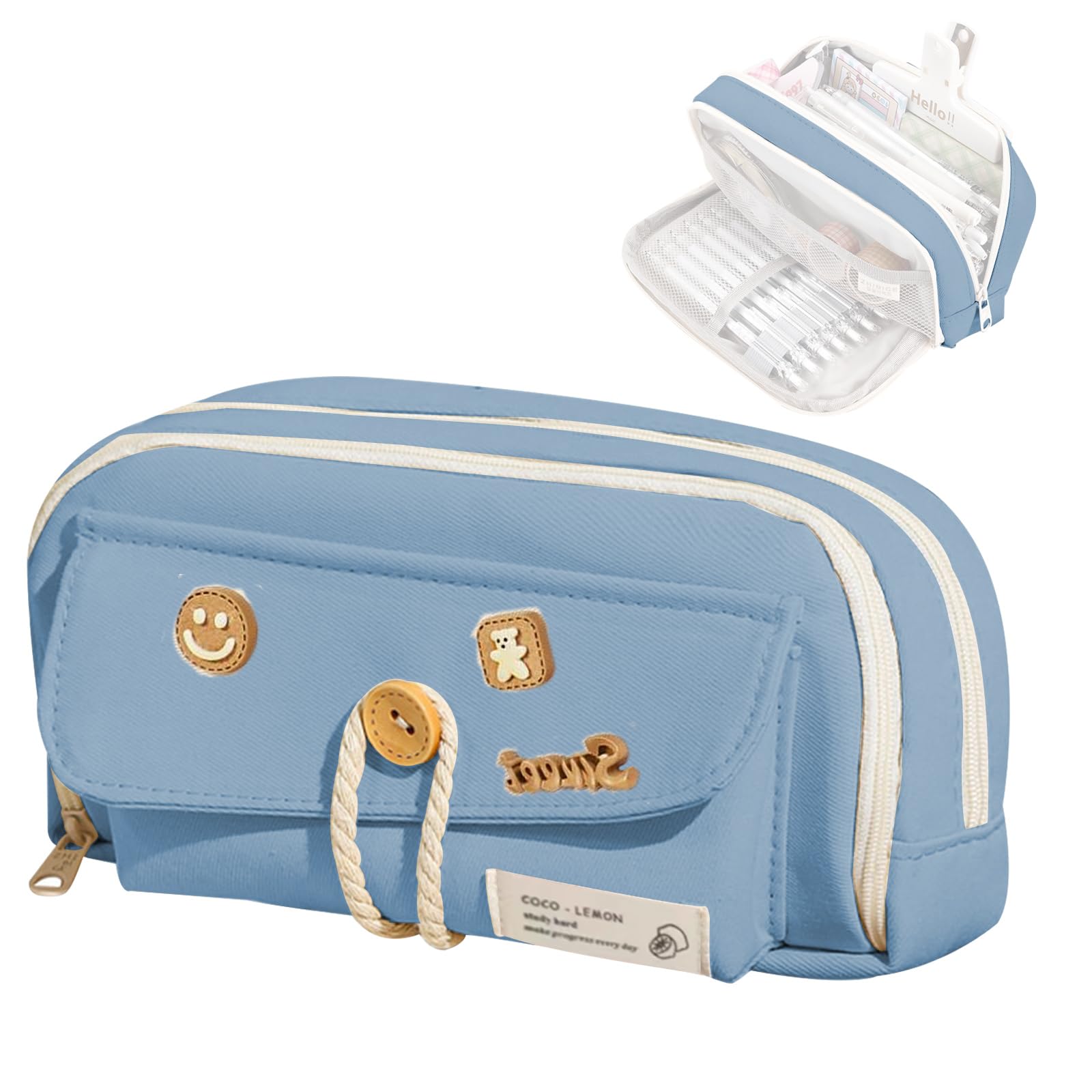 Case for Girls Cute with 4 Compartments, Large Zip, Special with Decorative Patches for School Kids & Teenage Adults, Big Capacity