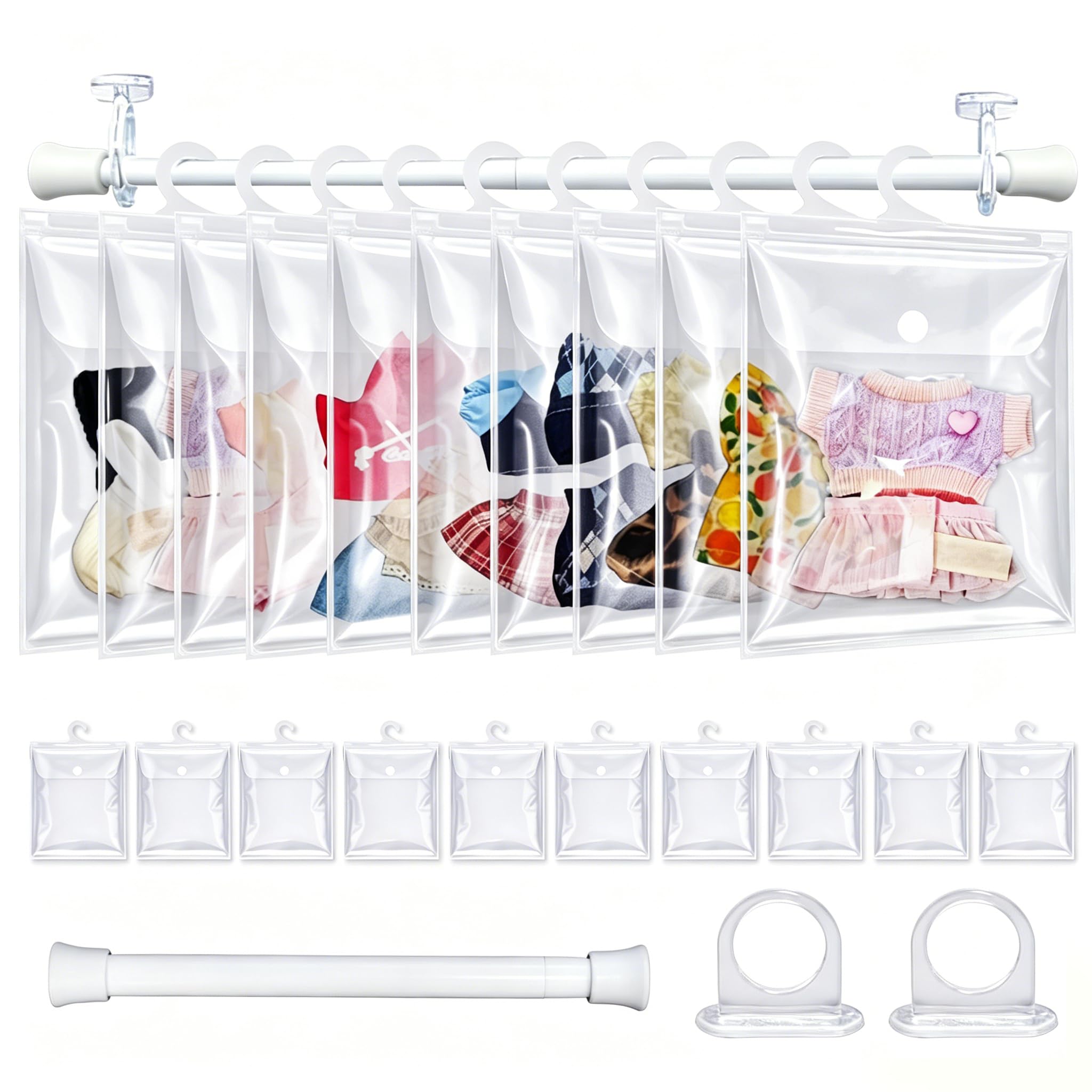 Photo 1 of 10 Pack Clear Doll Clothes Storage Bags with Hanging Rod & Hooks, Compatible with Labubu Clothes and 4-8 inch Doll Clothes - PVC Transparent Organizer Set for Dolls, Space-Saving Wardrobe System