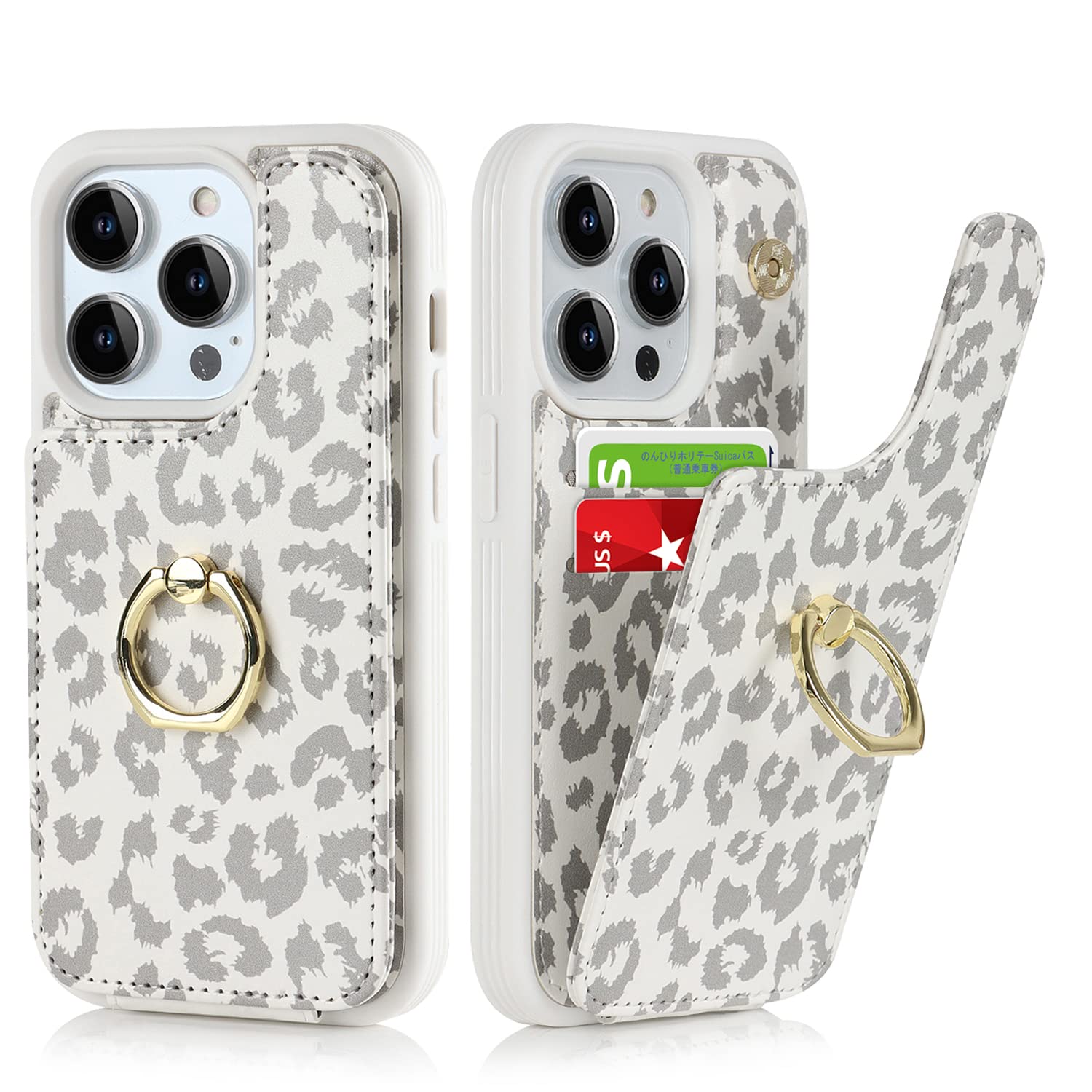 Lipvina for iPhone 15 Pro Max Case with Card Holder,Credit Card Holder,Ring Stand Kickstand,Shockproof Cute Phone Wallet Case for Women (6.7 inch,White Leopard)