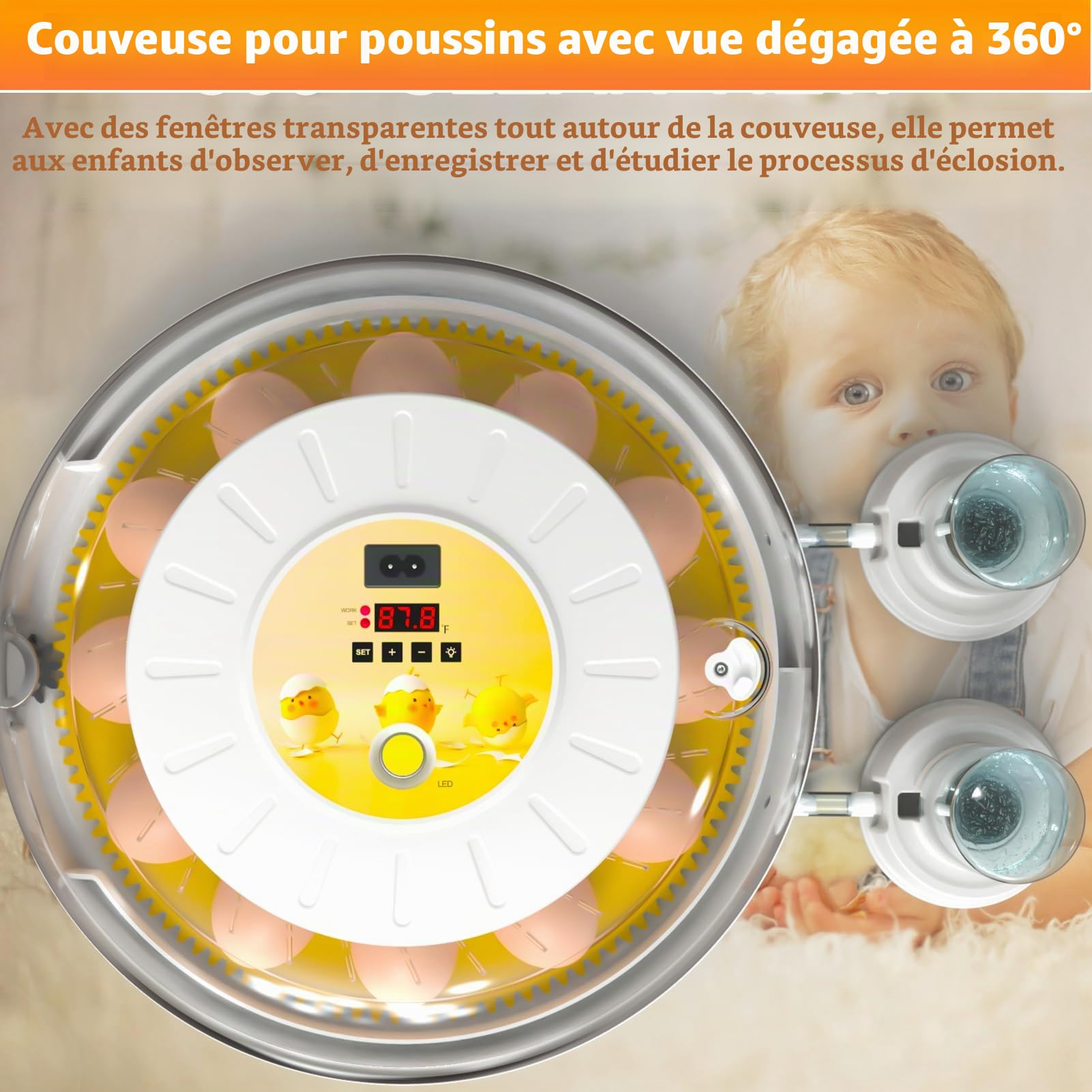 Couveuse Oeuf Automatique, Couveuse Poussin, Incubateur Oeuf automatique avec Retourneur d'œufs, Recharge d'eau externe automatique, Ajout Automatique d'eau et Éclairage des Œufs - 8 œufs