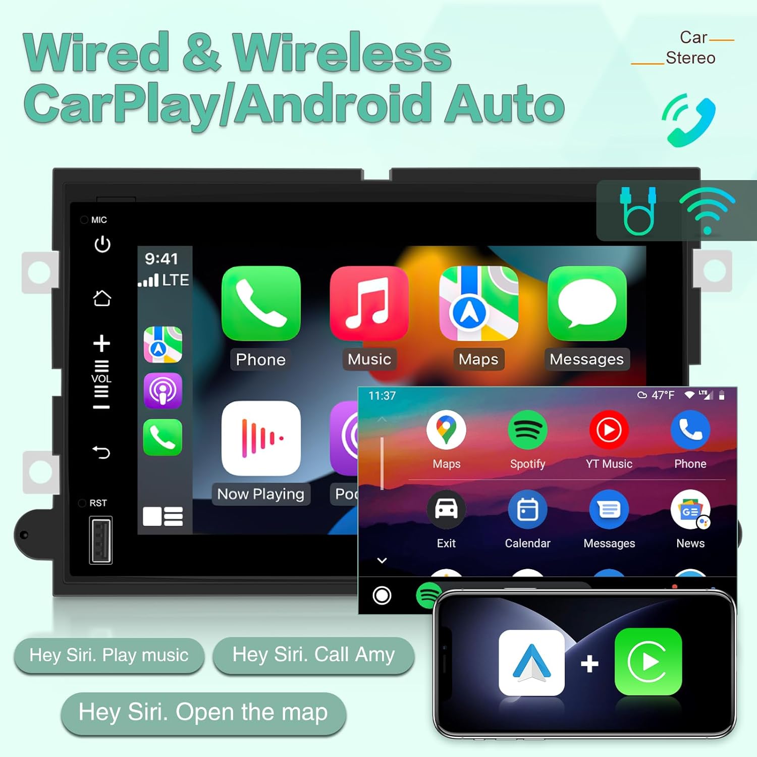 Collage image showing AHD backup camera view, Bluetooth pairing screen, GPS navigation map, and steering wheel control settings.